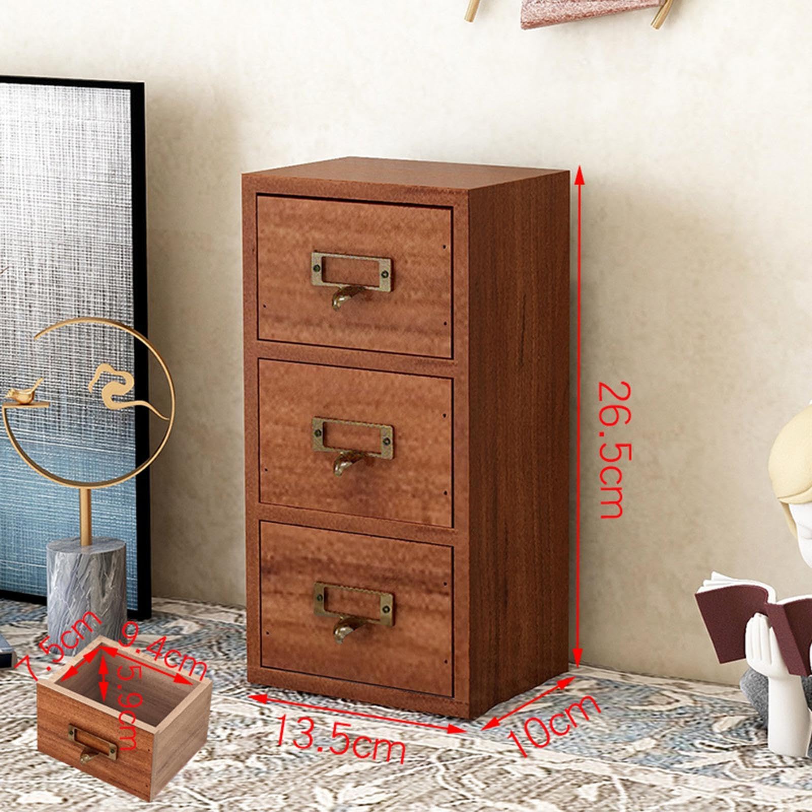 Organizzatore Da Scrivania con Cassetti per Gioielli E Tè, Scatola Portaoggetti in Legno, 3 Cassetti, Dimensioni: