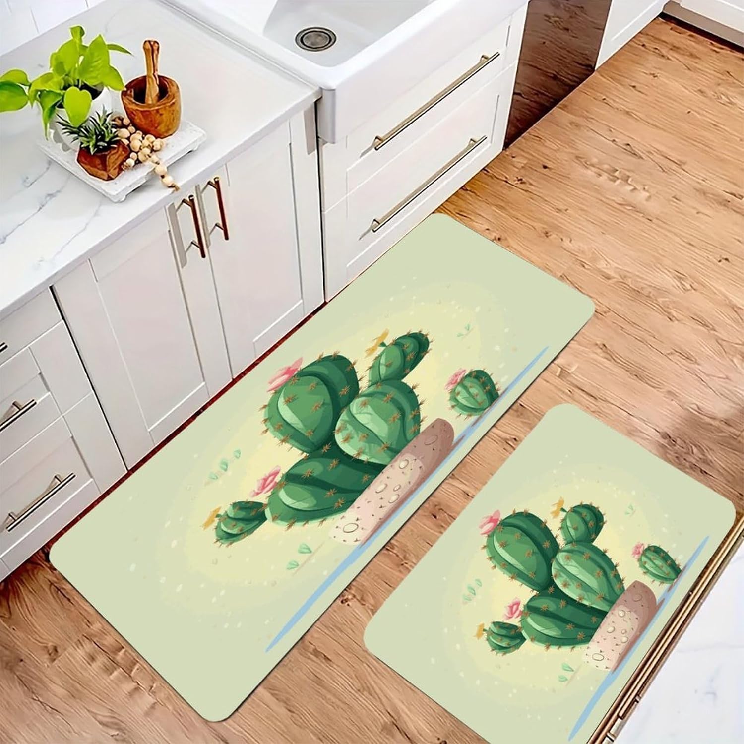 Cute Cactus Kitchen Mat Kitchen Rug Set | Kitchen Rugs Flannel Velvety Washable breathable Water Absorbent Soft ，kitchen utensils for Kitchen, Floor,Laundry