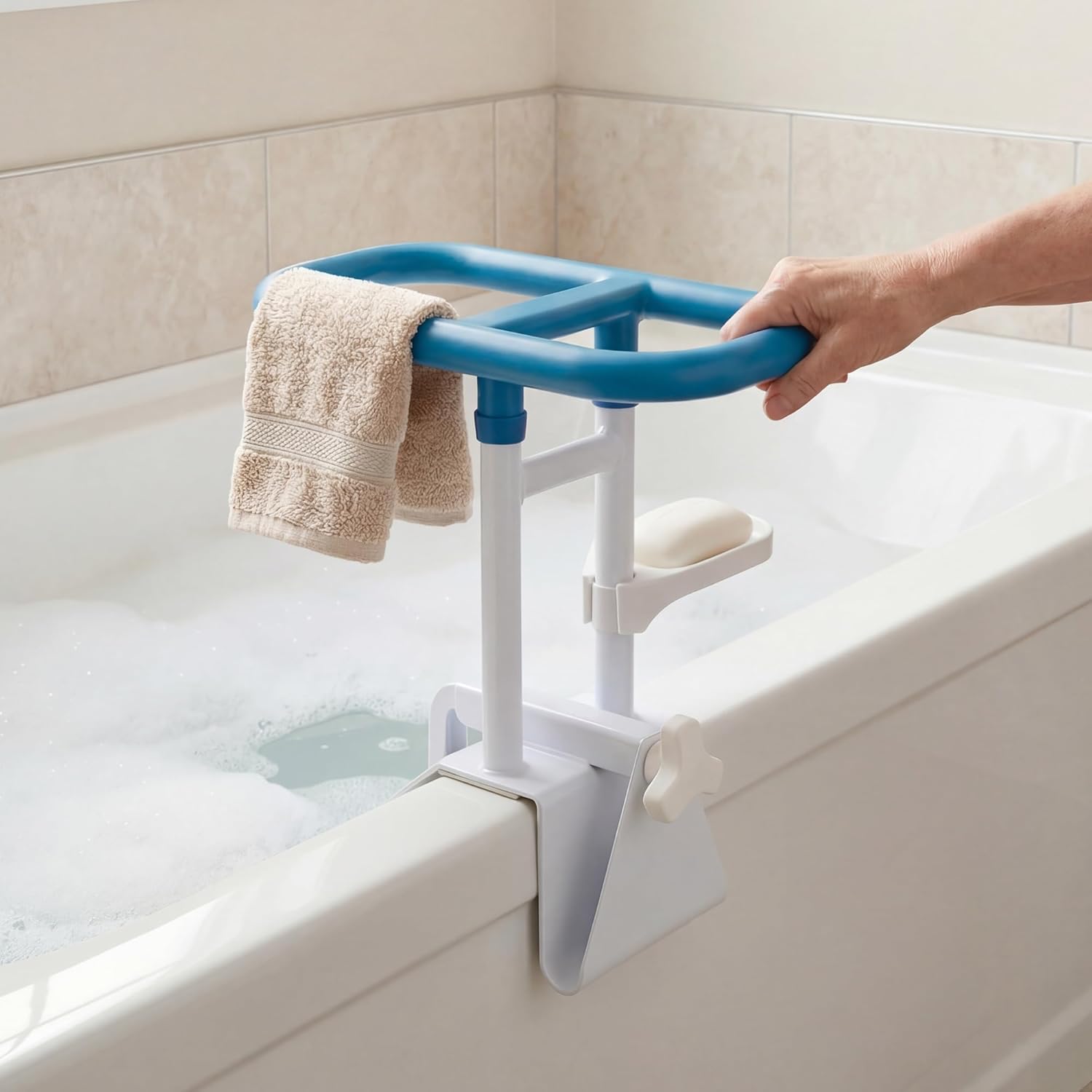 Bathtub Grab Bar, Clamp-On Tub Safety Rail with Towel Bar & Soap Holder, Heavy-Duty Metal Bathroom Support Handle for Elderly, Seniors, Handicap, Tool-Free Installation