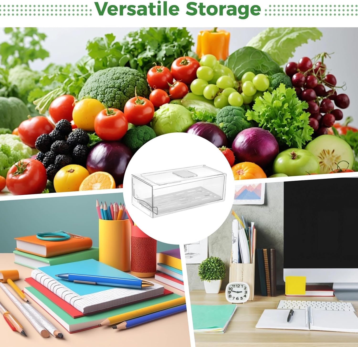 2 Pcs Refrigerator Drawers, Stackable Fridge Organizer Bins, Small Storage Boxes with Drain Tray, Clear PET Fridge Containers with Vent for Produce, Vegetables