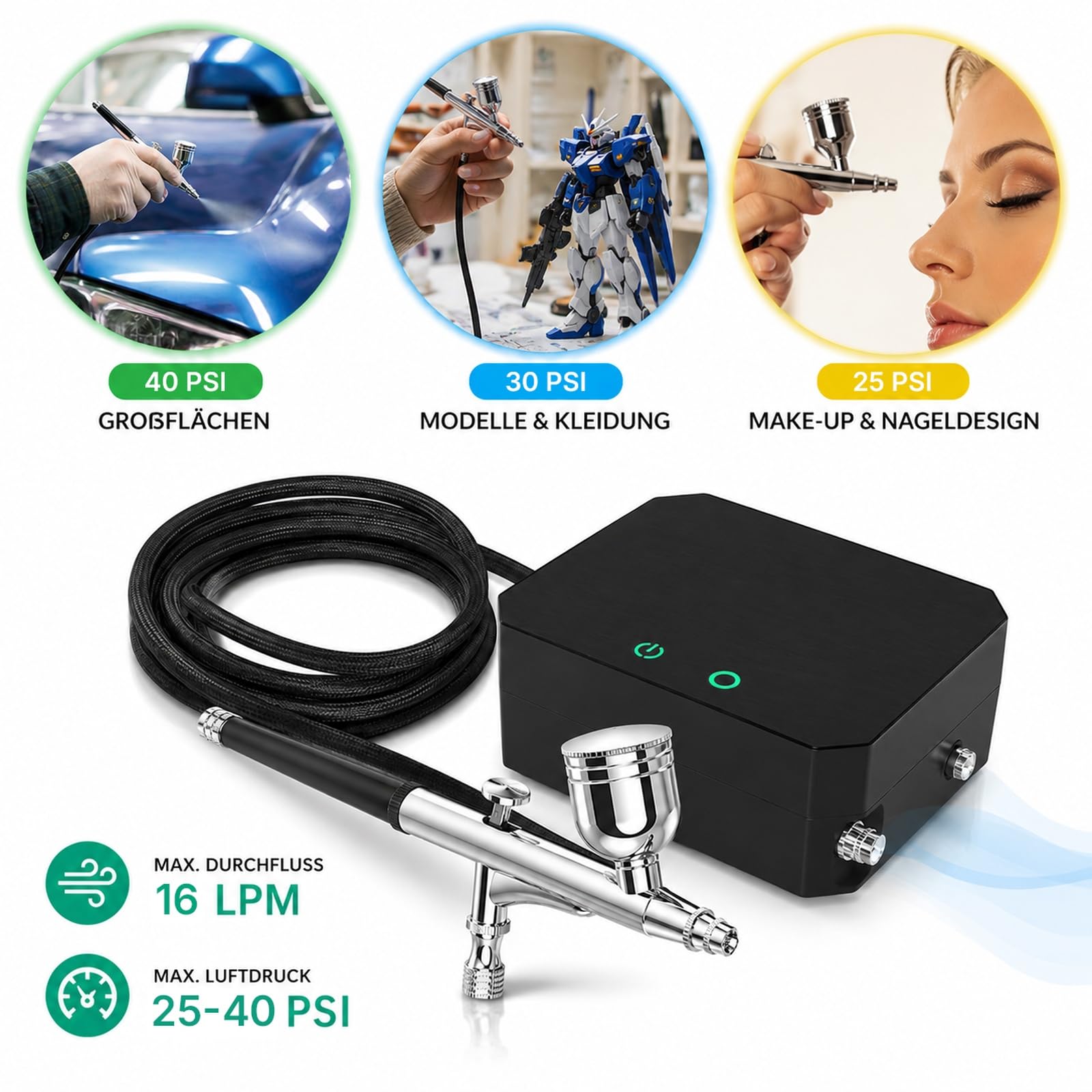 Airbrush Set 40 PSI Kompressor 0,2/0,3/0,5 mm Düsen Modellbau Torten