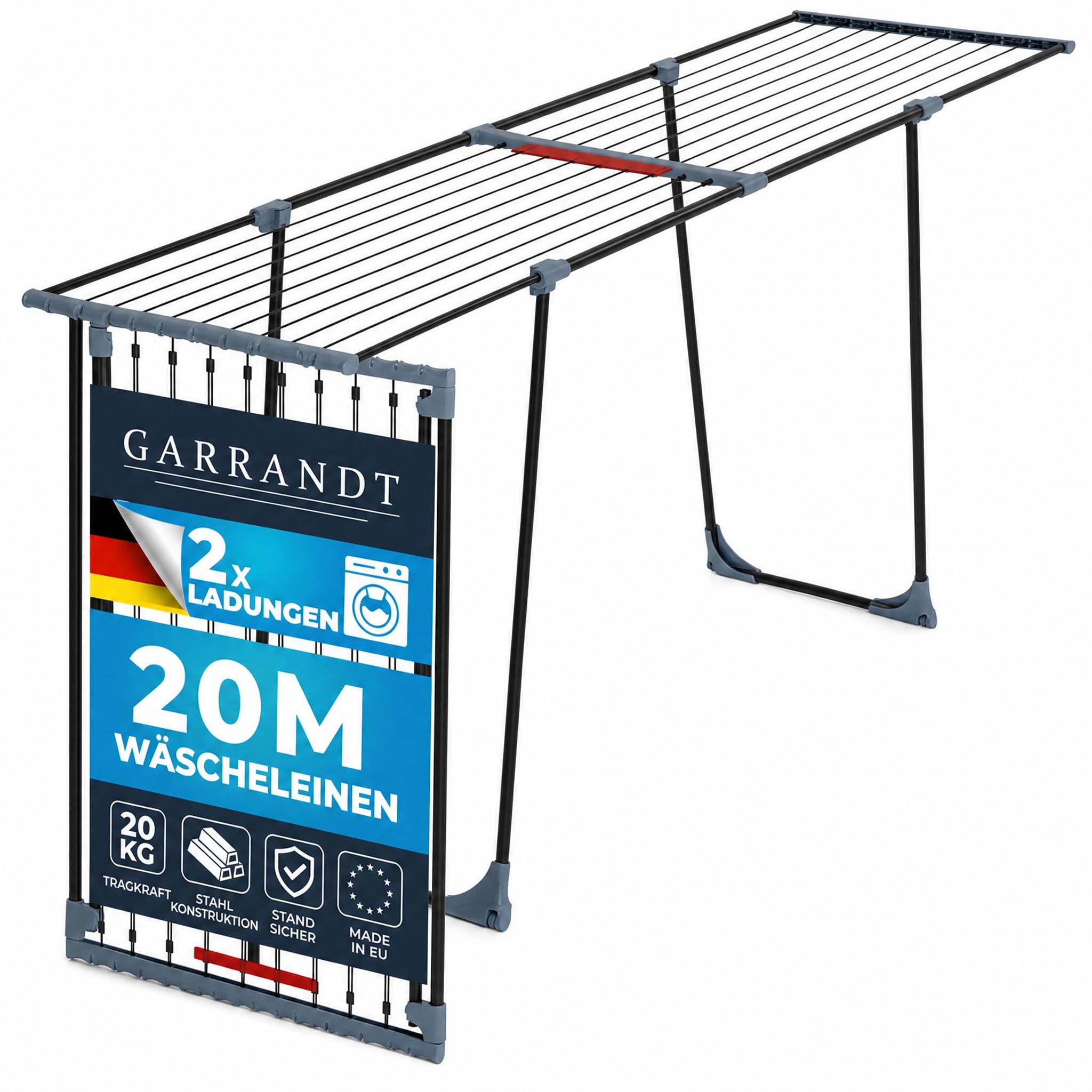 Wäscheständer ausziehbar 20m Trockenfläche – XXL Standtrockner klappbar mit Rollen & Klemmen, für 2 Waschladungen, Balkon & Innen