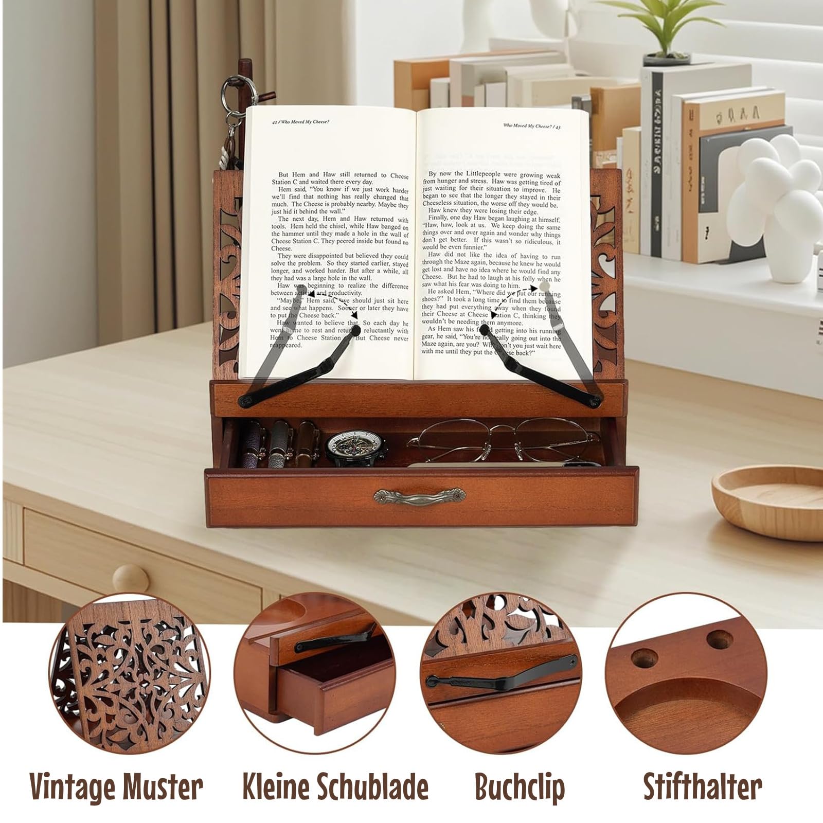 Support de Lecture en Bois avec Tiroir, Porte-stylo et Porte-tasse, Support de Livre Triangulaire pour Bureau et Table de Chevet