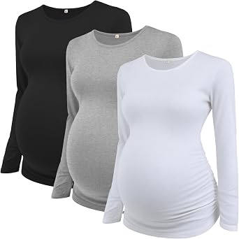 Ecavus Womens Maternity Shirts Long Sleeve Soft Stretchy Pregnancy Tops Side Ruched Casual Mama Clothes