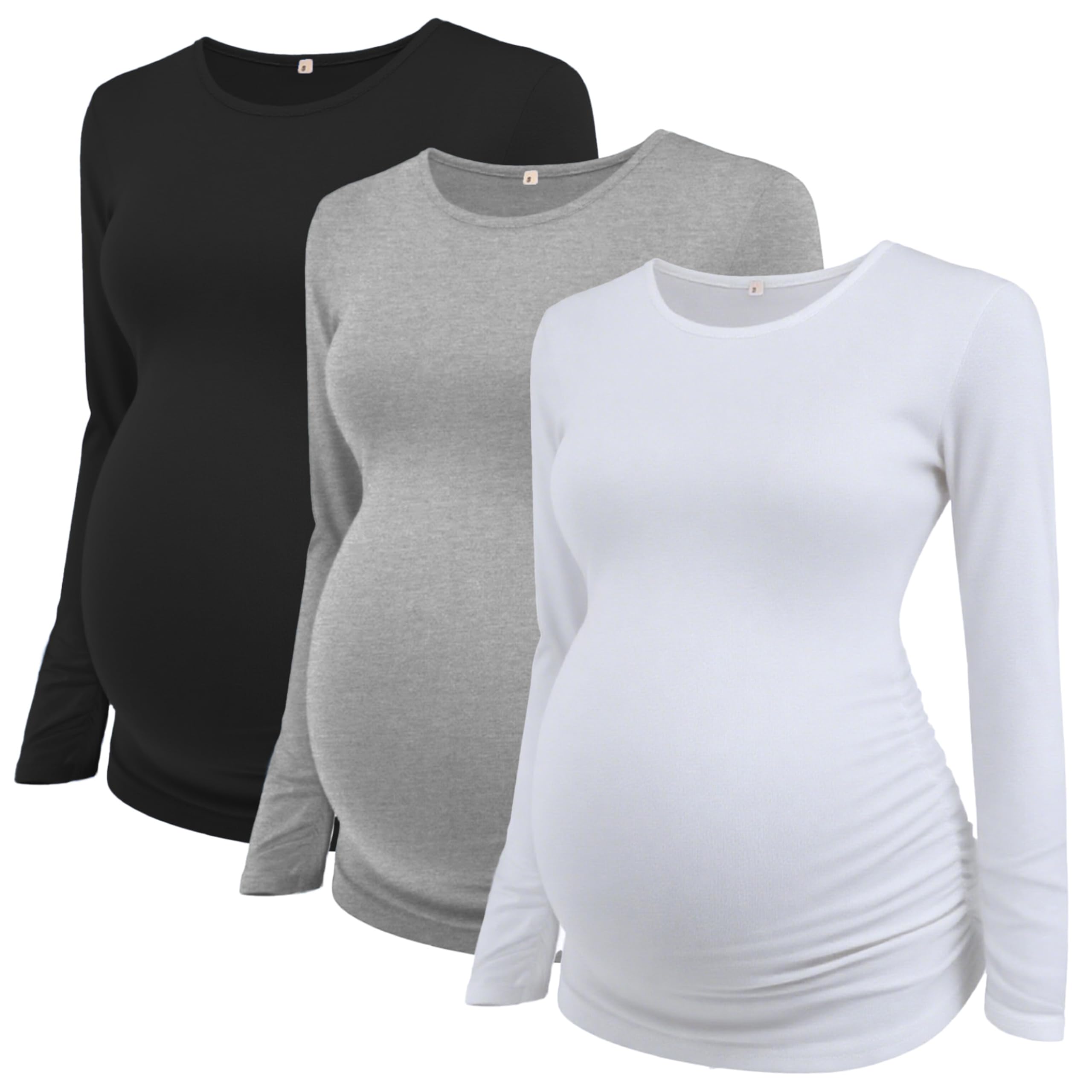 Ecavus Umstandsshirts für Damen, langärmelig, weich, dehnbar, Schwangerschafts-Top, seitlich gerüscht, lässige Mama-Kleidung