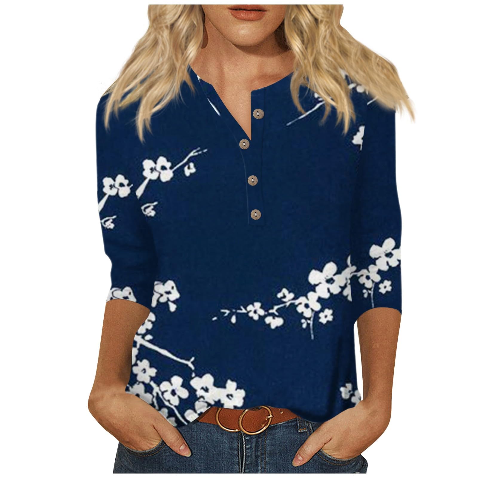 KIKX0DEWomens 3/4 Length Sleeve Tops Casual Button Down Summer Shirts Loose Fit Three Quarter Length Sleeve Blouse