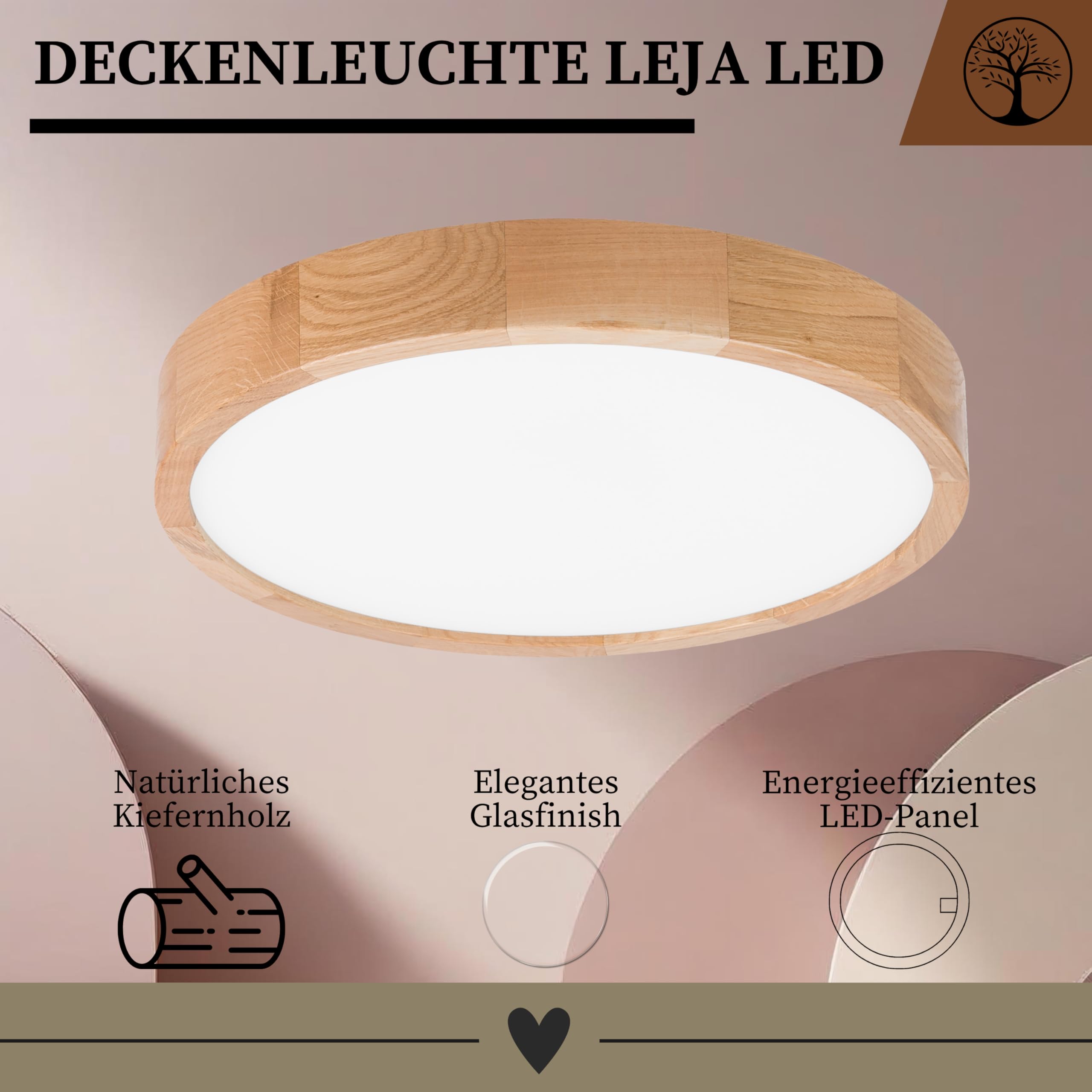 Schlafzimmerlampe - Runde Holz Deckenlapme Eiche LED 24W-4000K (∅37 cm) - Modern Beige Deckenleuchte für, Wohnzimmer, Flur, Küche - Stilvolle Eichenholz LEJA