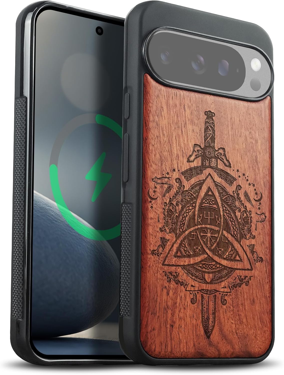 Carveit Magnetic Wooden Case for Google Pixel 10 Pro XL Case, Wood Artisan Engraved & Soft TPU Shockproof Cover, Compatible with MagSafe Wireless Chargers (Norse Emblems) Rosy
