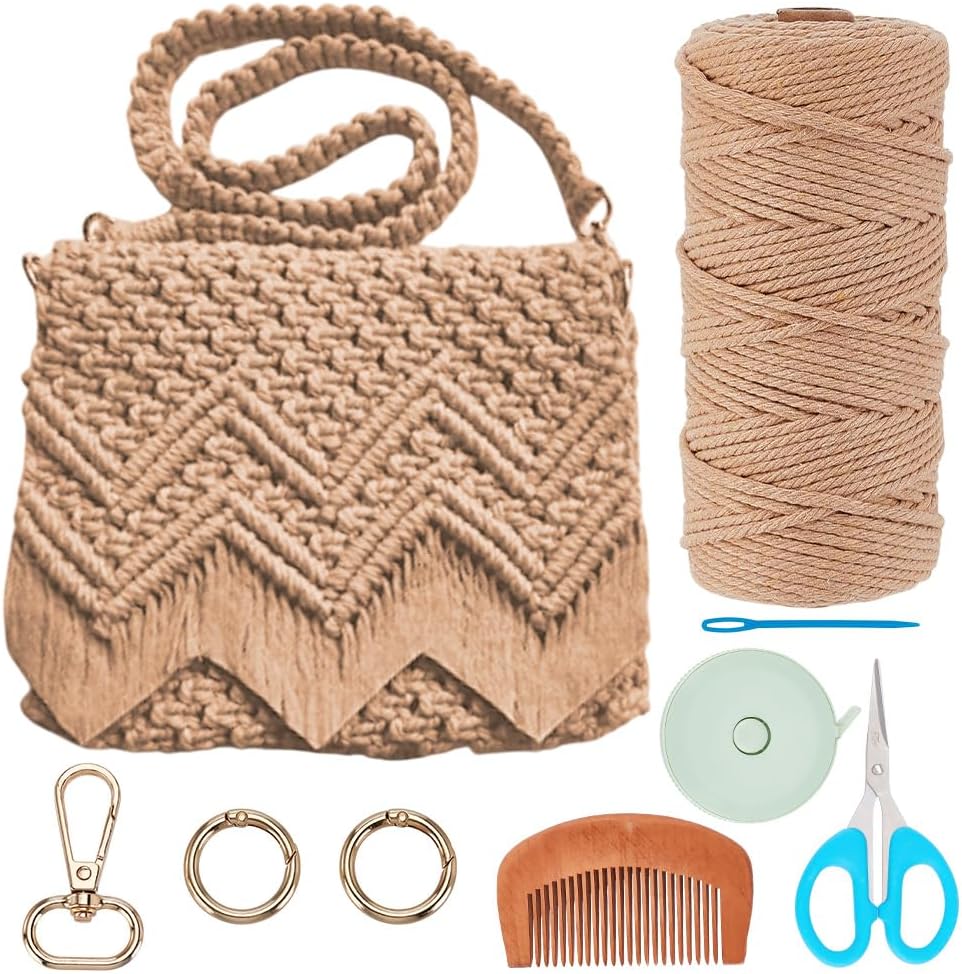 INFUNLY DIY Macrame Bag Kit for Beginners: Brown Boho Tote with Tassels, Video Instructions, Beach Bag Gift for Women