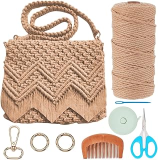 INFUNLY DIY Macrame Bag Kit for Beginners: Brown Boho Tote with Tassels, Video Instructions, Beach Bag Gift for Women