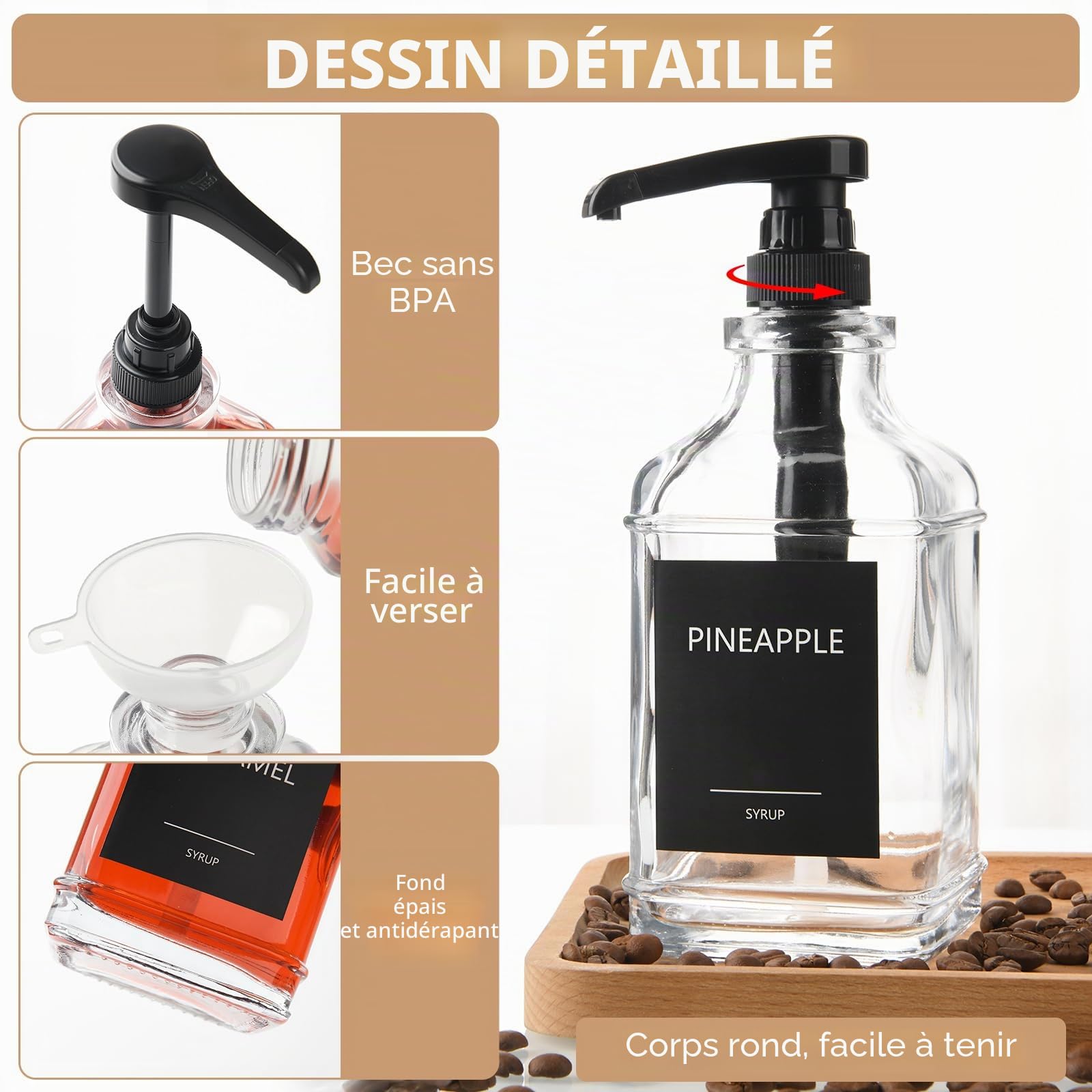 YBCPACK Lot de 3 distributeurs de sirop à café en verre de 500 ml - Distributeur de sirop anti-fuite avec étiquettes - Bouteilles de sirop à remplir pour café et cuisine