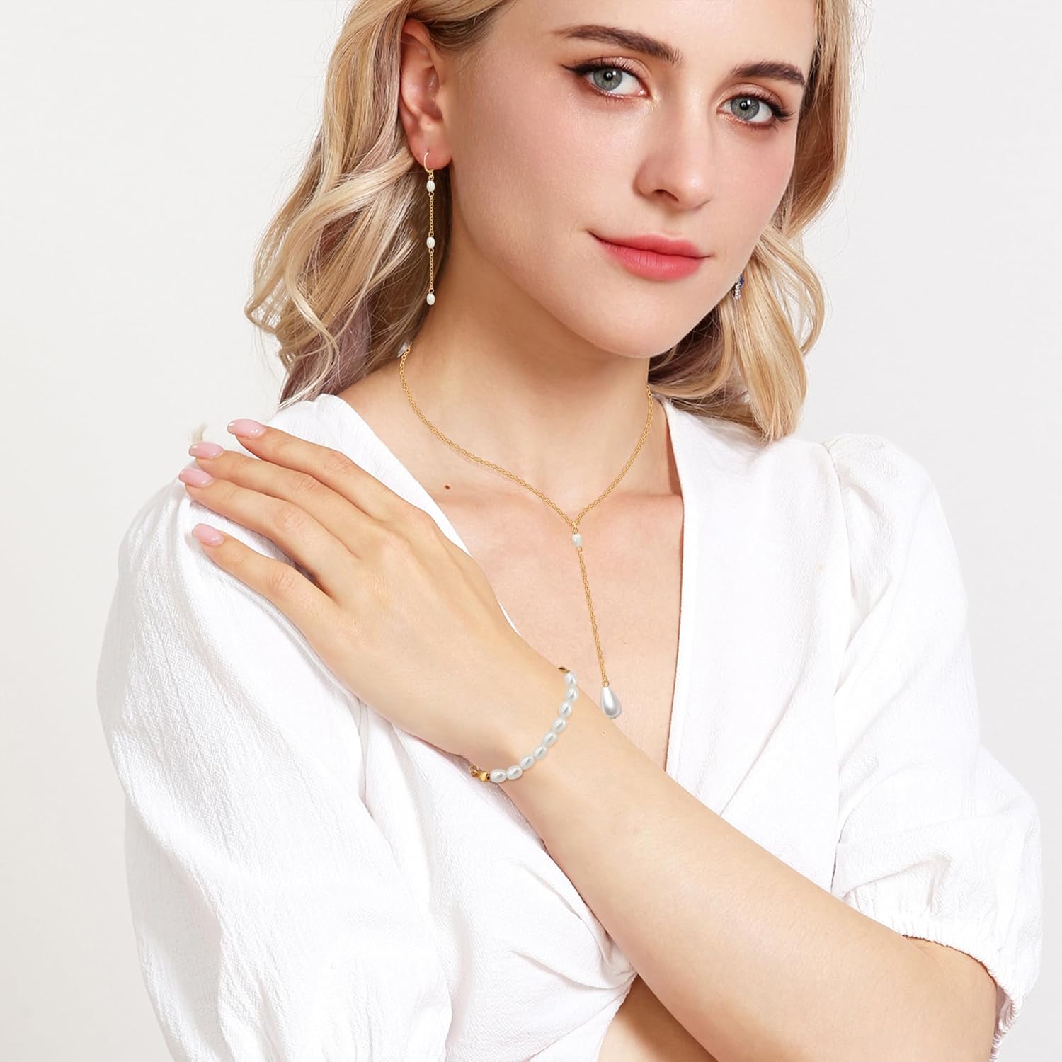 AILUOR Gold Jewelry Set for Women - 14K Gold Plated Pearl Necklace & Earring Set with Drop Earrings, Bracelets, Choker Necklace - Dainty Wedding Pearl Jewelry - Image 7