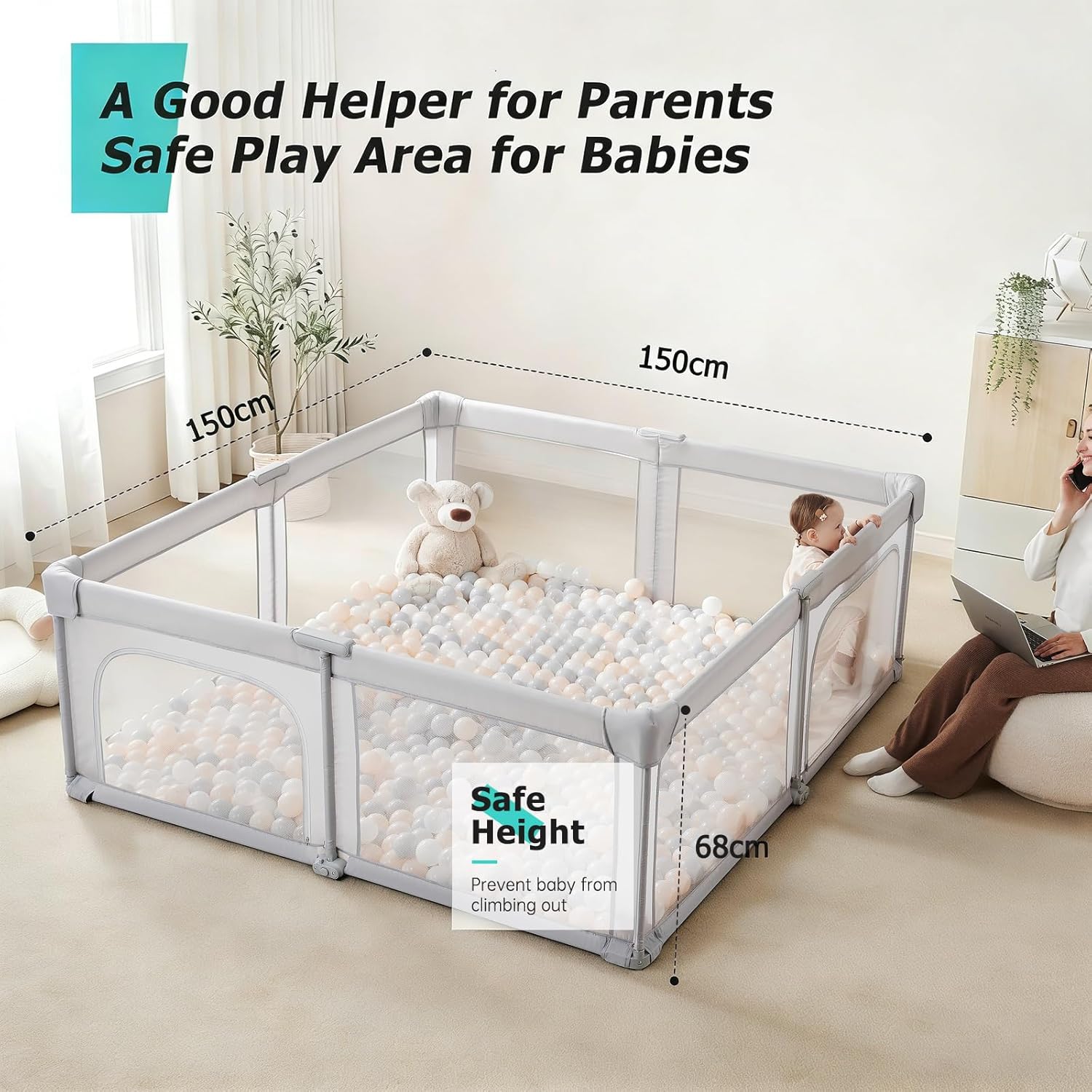 Large Foldable Toddler Playpen, 59x59 Inch Sturdy Safety Play Yard, Tool-Free No Assembly Design, Durable Steel Frame & Soft Fabric, Portable Indoor Outdoor Baby Activity Fence