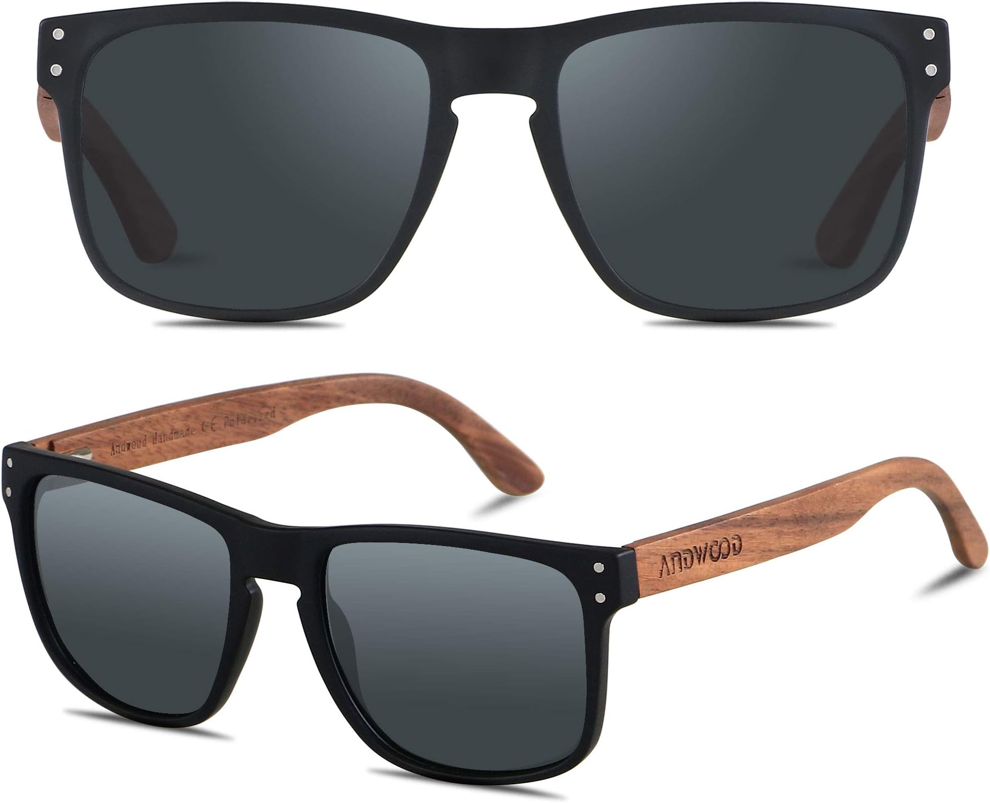 ANDWOOD Mens SunglPolarized UV Protection Wooden Frame Beach GlRectangular