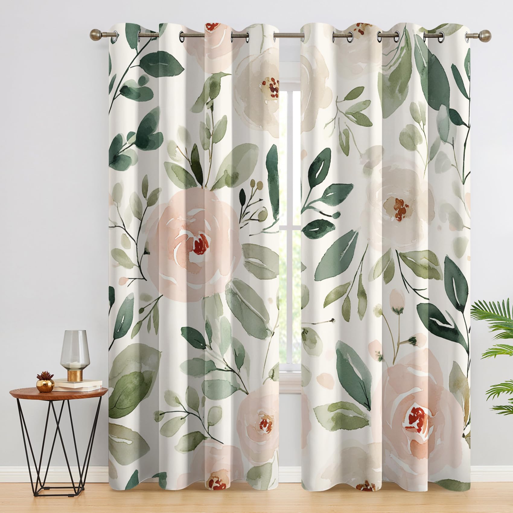 Pink Rose Blackout Curtains, Green Leaf Curtains for bedroom, Living Room, Thermal Insulated Noise Reduction Eyelet Drapes, 72 Inch 2 Panels Set, (W66 x L72) tA16