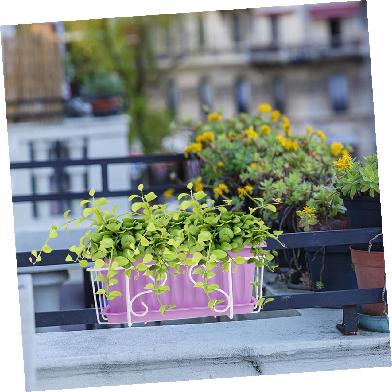Rectangular Hanging Flower Planter Pot with Tray and White Iron Bracket, Medium Vegetable Growing Pot for Garden Balcony Railing, Resin Outdoor Indoor Flower Holder