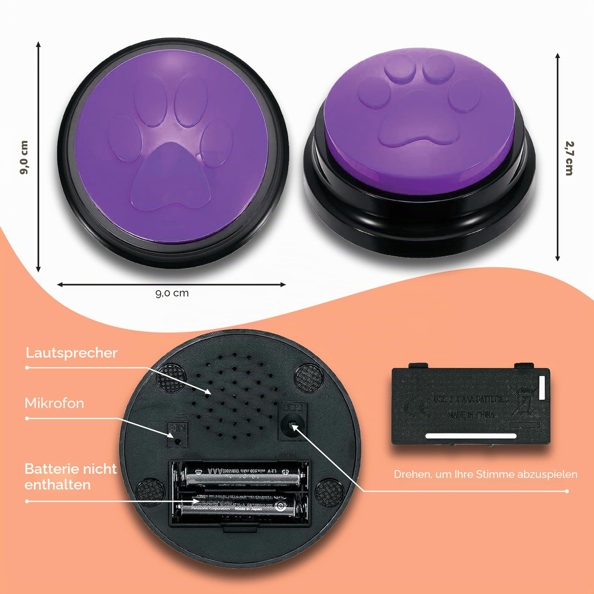 Buzzer mit aufnahmefunktion & Buzzer mit Sound Sprechende Knöpfe für Hundepfoten, 4er-Pack Hundetrainingsknöpfe, beschreibbare Buttons für Kommunikationstraining & Welpenbedarf