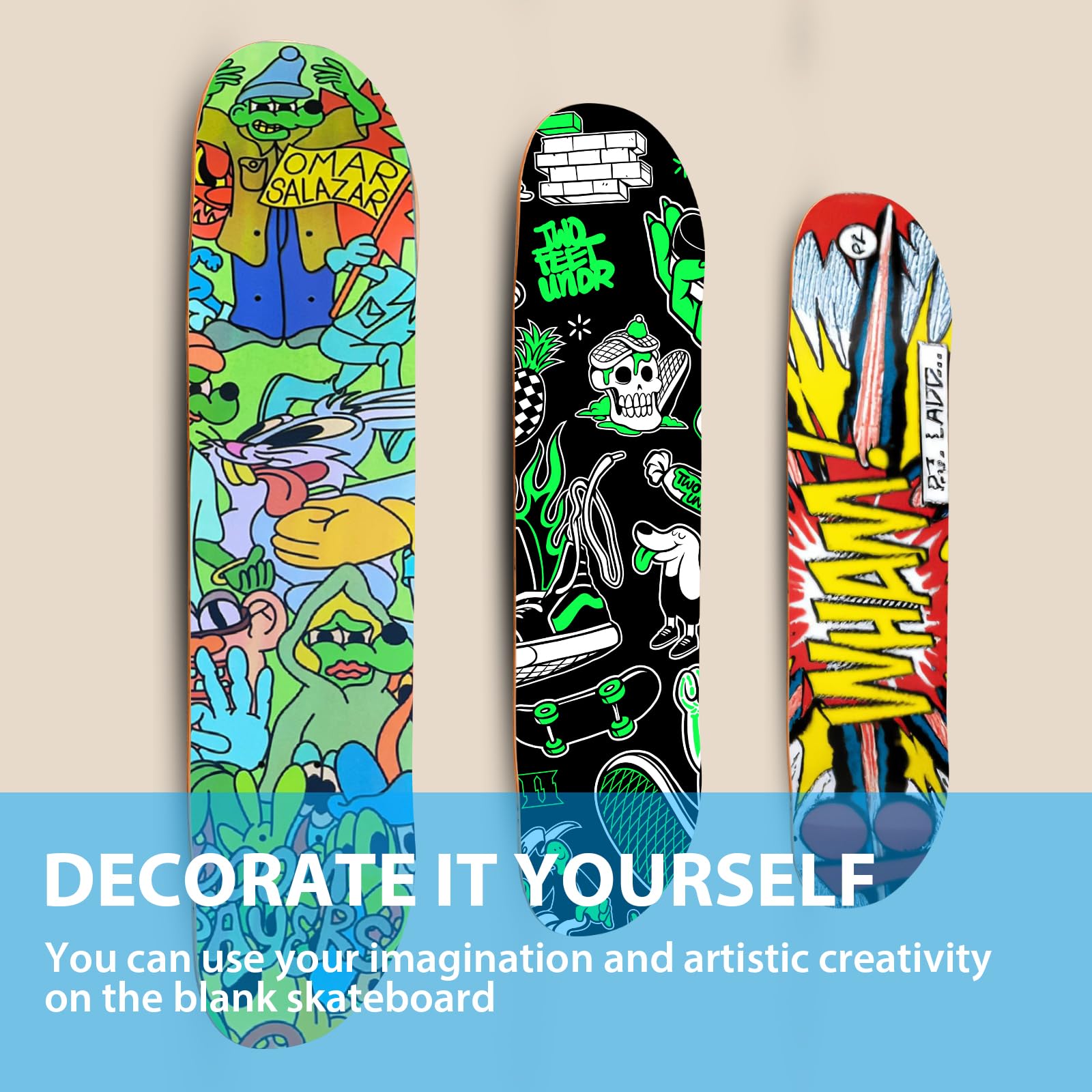 Lot de 2 planches de skateboard, 78,7 x 20,3 cm, 7 couches, en érable vierge, planche de skate double kick