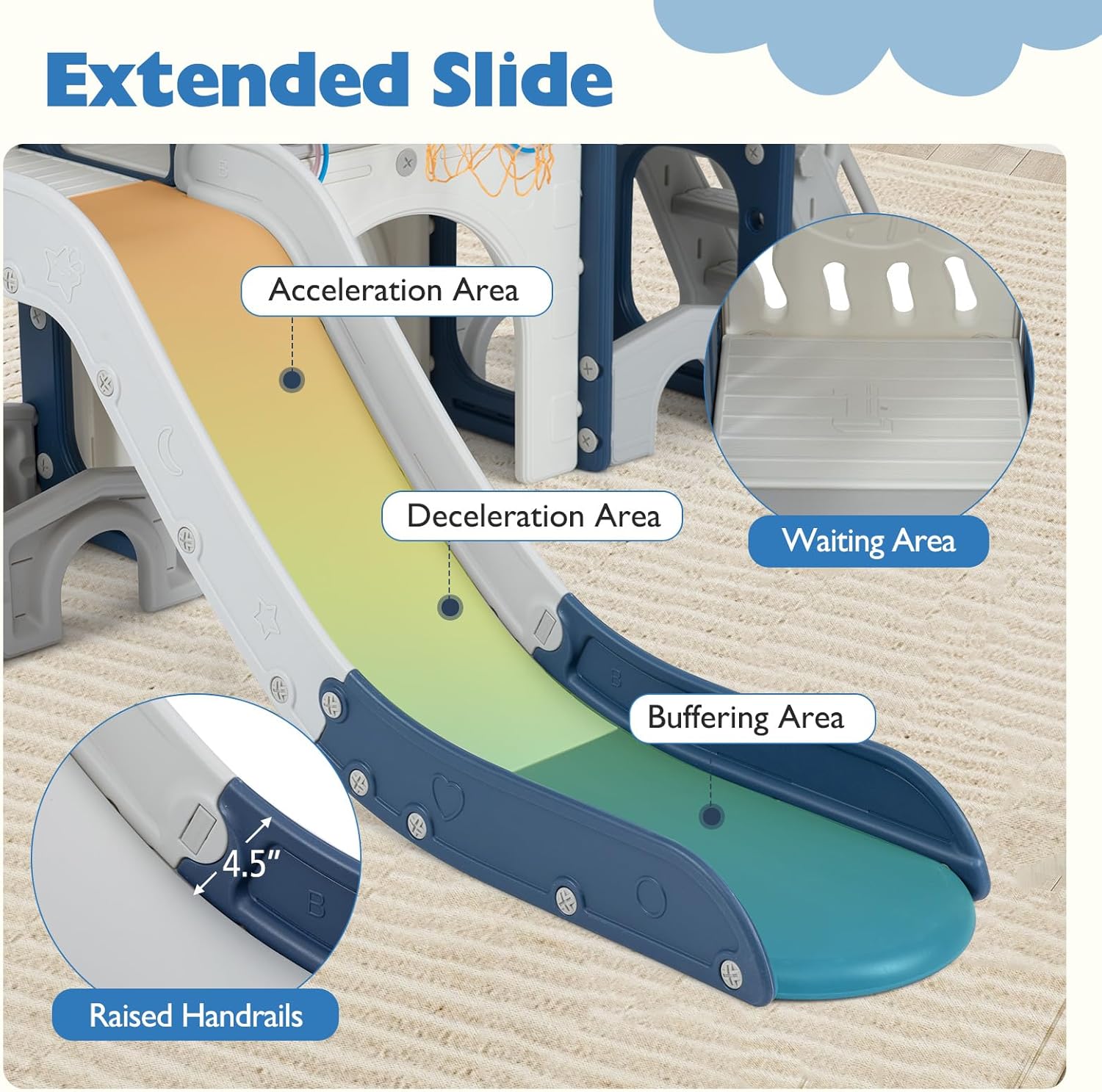 Costzon 10 in 1 Toddler Slide Set, Kids Slide and Climber Playset with Magnetic Whiteboard, Ring Toss, Basketball Hoop, Crawling Tunnel, Long Aisle & Storage, Indoor Playground for Ages 3+ (Blue)