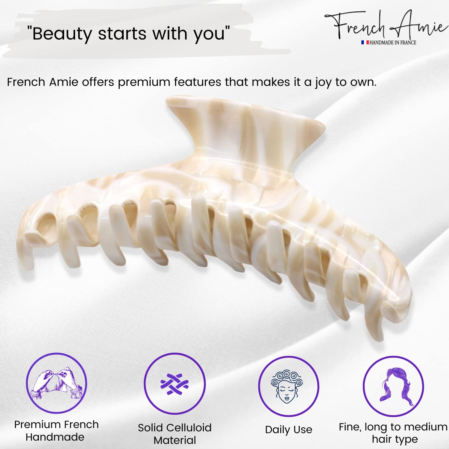French Amie Curvo Narrow Crema Torrone Grande Fatto a Mano Di Cellulosa Acetato Coperto Molla Pinza Pinza Pinza Per Capelli Donne