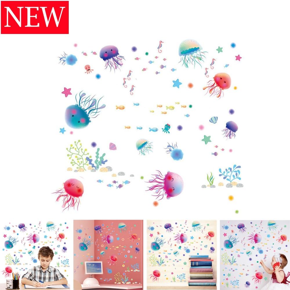 ROTMAKERES Waterproof DIY Home Ocean Color Cute Colorful Smiley Jellyfish&Seaweed&Pentagram& Color Hypothenar Decor Removable Decal Room Wall Sticker Vinyl Art--2-Pack
