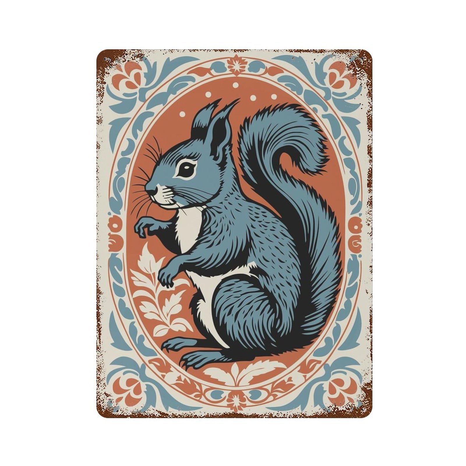 Weathered Tin Sign with Stylized Squirrel Portrait Design 15.7"x11.8", for Office, Studio And Wall Decor, Retro Wall Decor