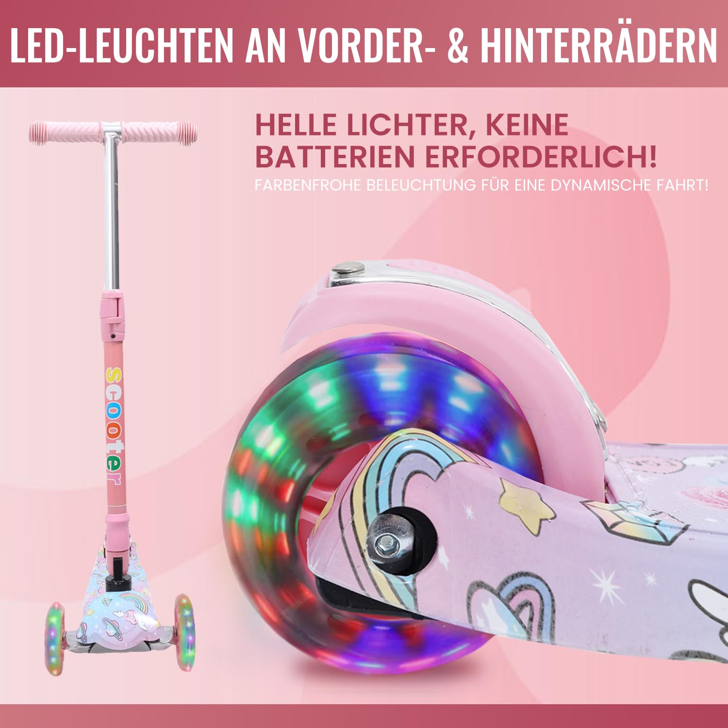 Habib Kinderroller, Tretroller ab 3 Jahre, Faltbar, Höhenverstellbar, LED Leuchträder, Bis 50kg, Für Jungen & Mädchen