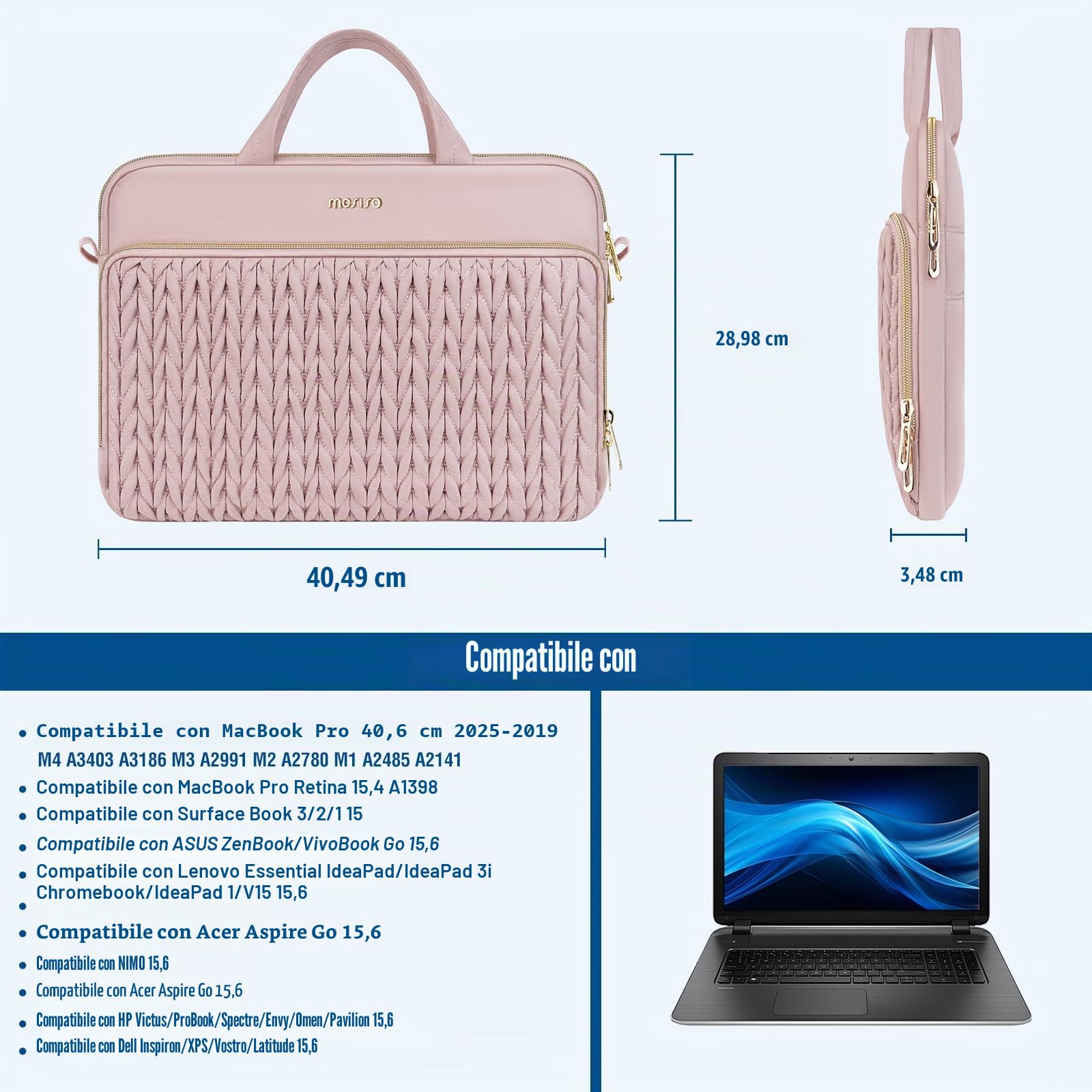 MOSISO 15.6 pollici Borsa Tracolla Laptop, 15-16 pollici Borse Computer Compatibili con MacBook Pro 16 M4 M3 M2 M1,HP Dell Acer Lenovo ASUS Notebook, Borsa Tracolla Trapuntata con Manico e Tasca, Rosa