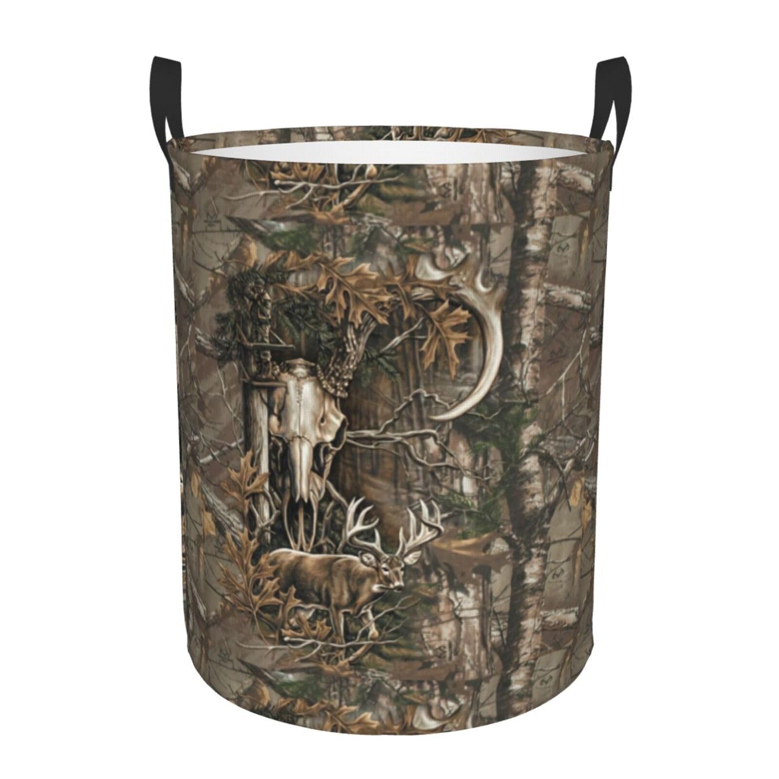 Deer Hunting Camo Bull Skull Laundry Basket Waterproof Collapsible Round Laundry Hamper Toys Clothes Organizer Gift Basket For Room Medium
