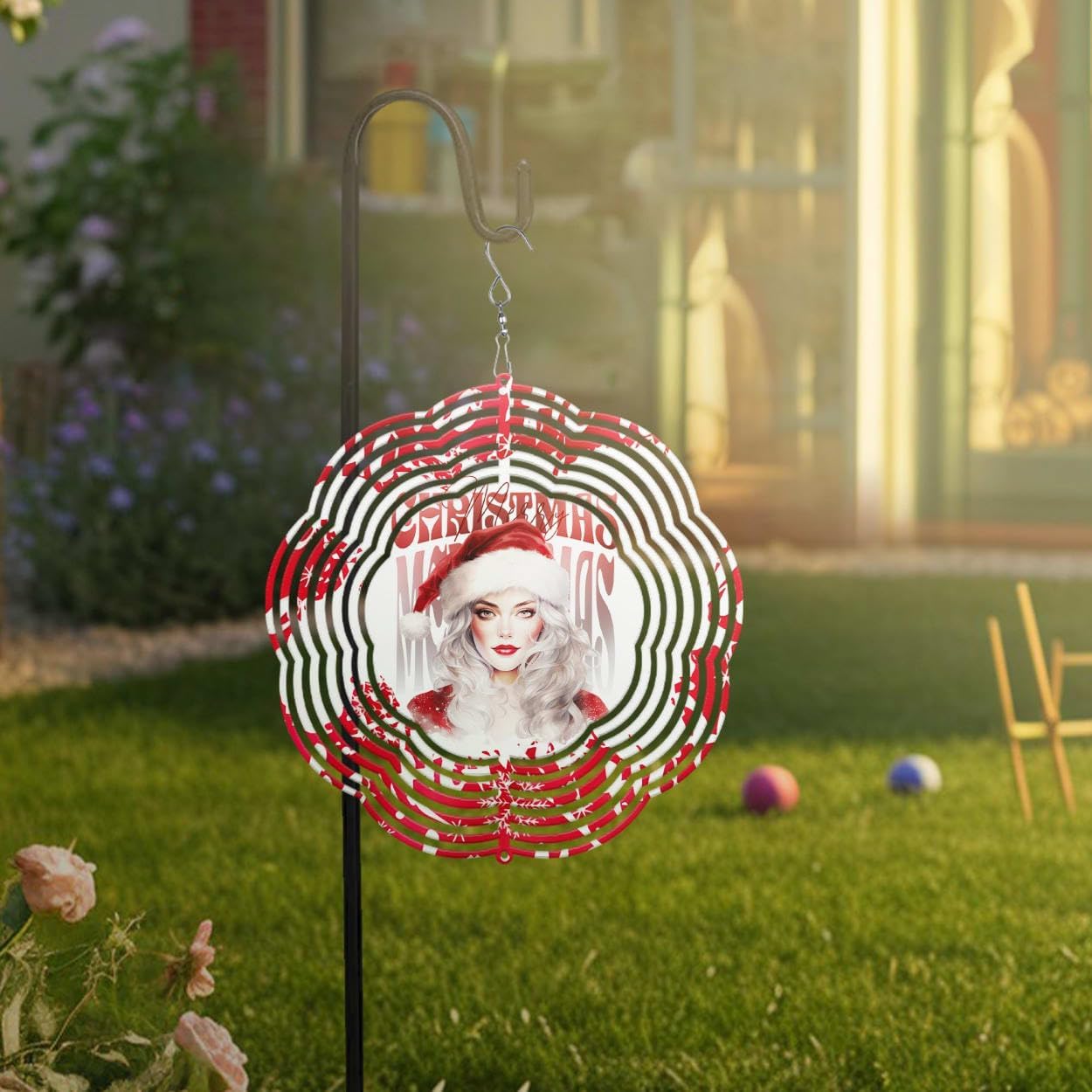 Merry Christmas Hohoho Christmas Wind Spinners 3D Stainless Steel Laser Cut Metal Double Sided Printing-Hanging Indoor/Outdoor Decorations Yard Gardening Decor,Metal Kinetic Art 16x16 inches