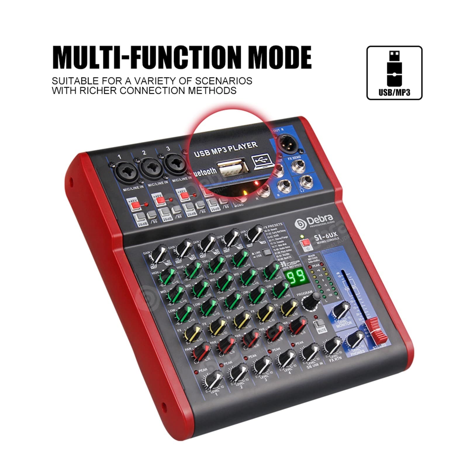 Attrezzatura per DJ per Feste Suono Pulito! Canale Debra PRO 6 USB Audio del Mixer con 99 Dsp Effetti digitali for DJ Miscelatore Console Karaoke Registrazione Studio