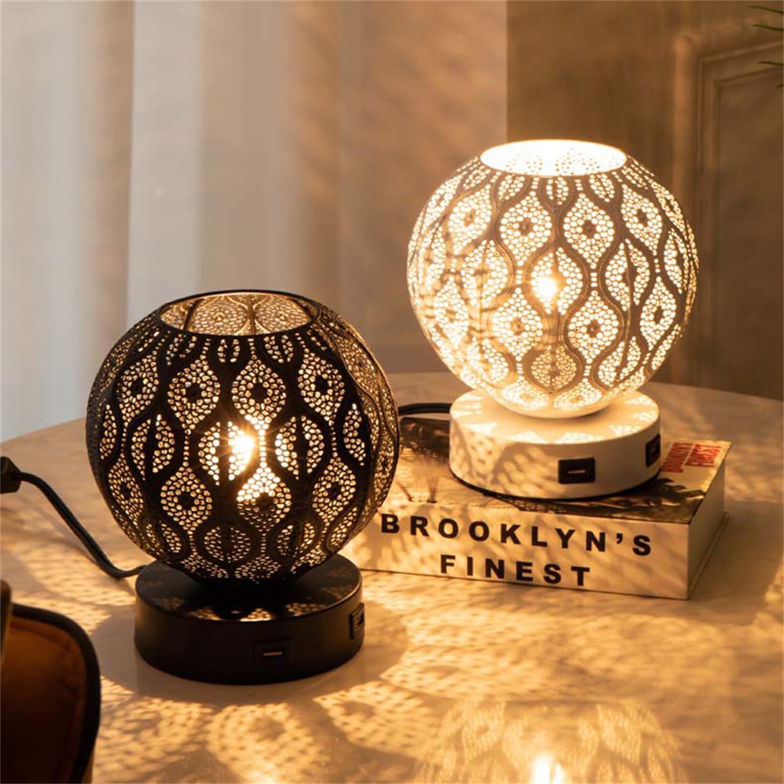 Moderne Wandleuchten, Schreibtischlampe Modern mit Touch-Dimmschalter Tischlampe E27 Runder Metallkäfig mit Glühbirne Nachttischlampen mit 2 USB-Ladeanschlüssen Leselampe Innen für Schlafzimmer A