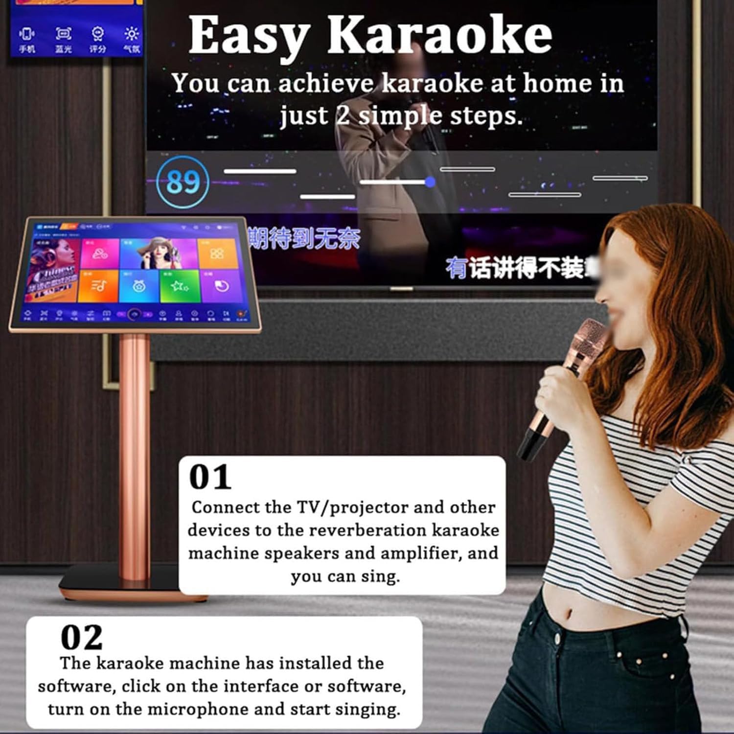Máquina de karaoke con micrófono inalámbrico, 27 idiomas conmutables, selección inteligente de canciones, amplificador de potencia, control de aplicación para el hogar y el bar,