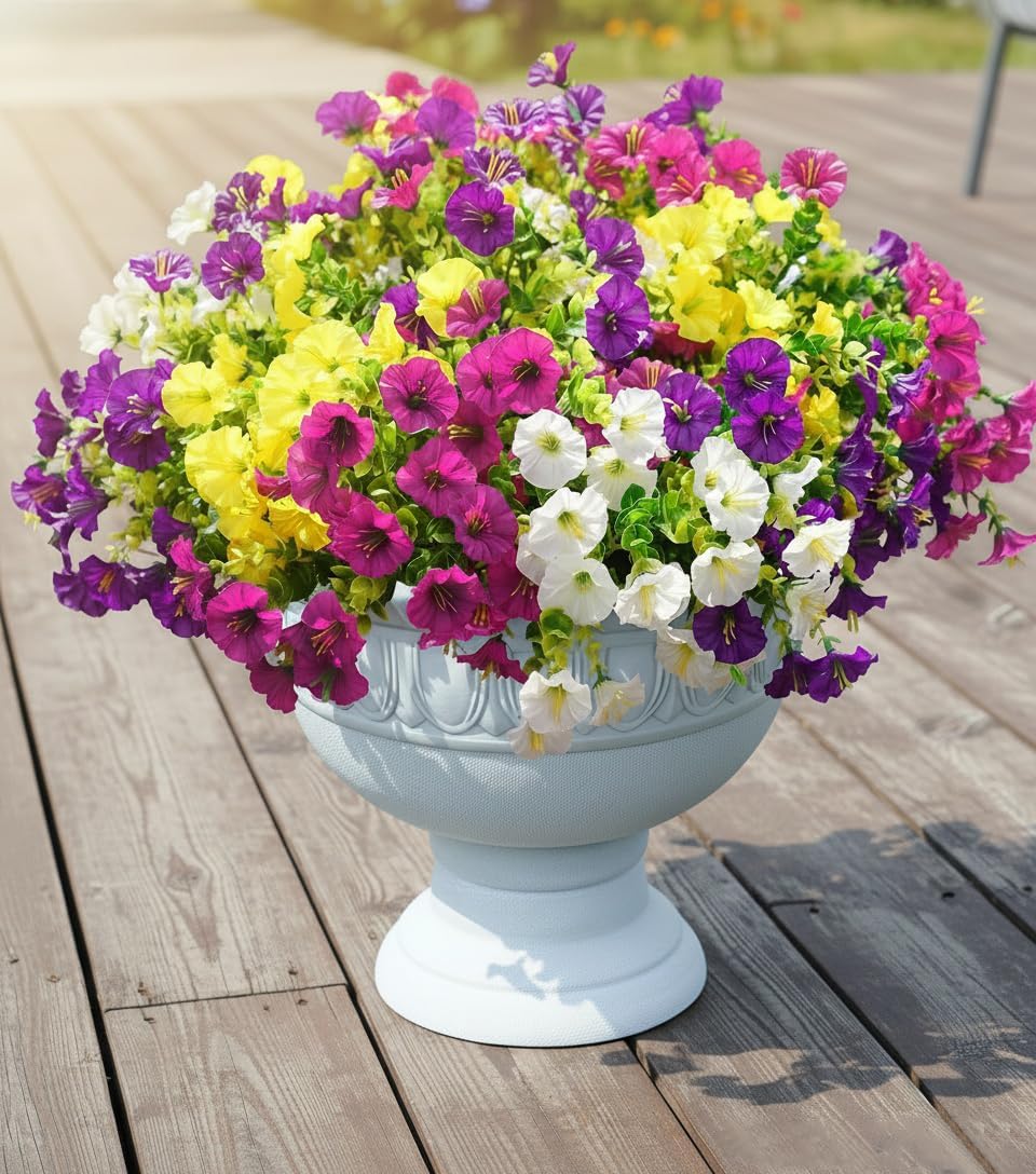 Cekene Pack of 16 Artificial Flowers Like Real for Outdoors Plastic Artificial Flowers Weatherproof Fake Flowers UV-Resistant for Balcony Balcony Box Garden Indoor Outdoor Colourful