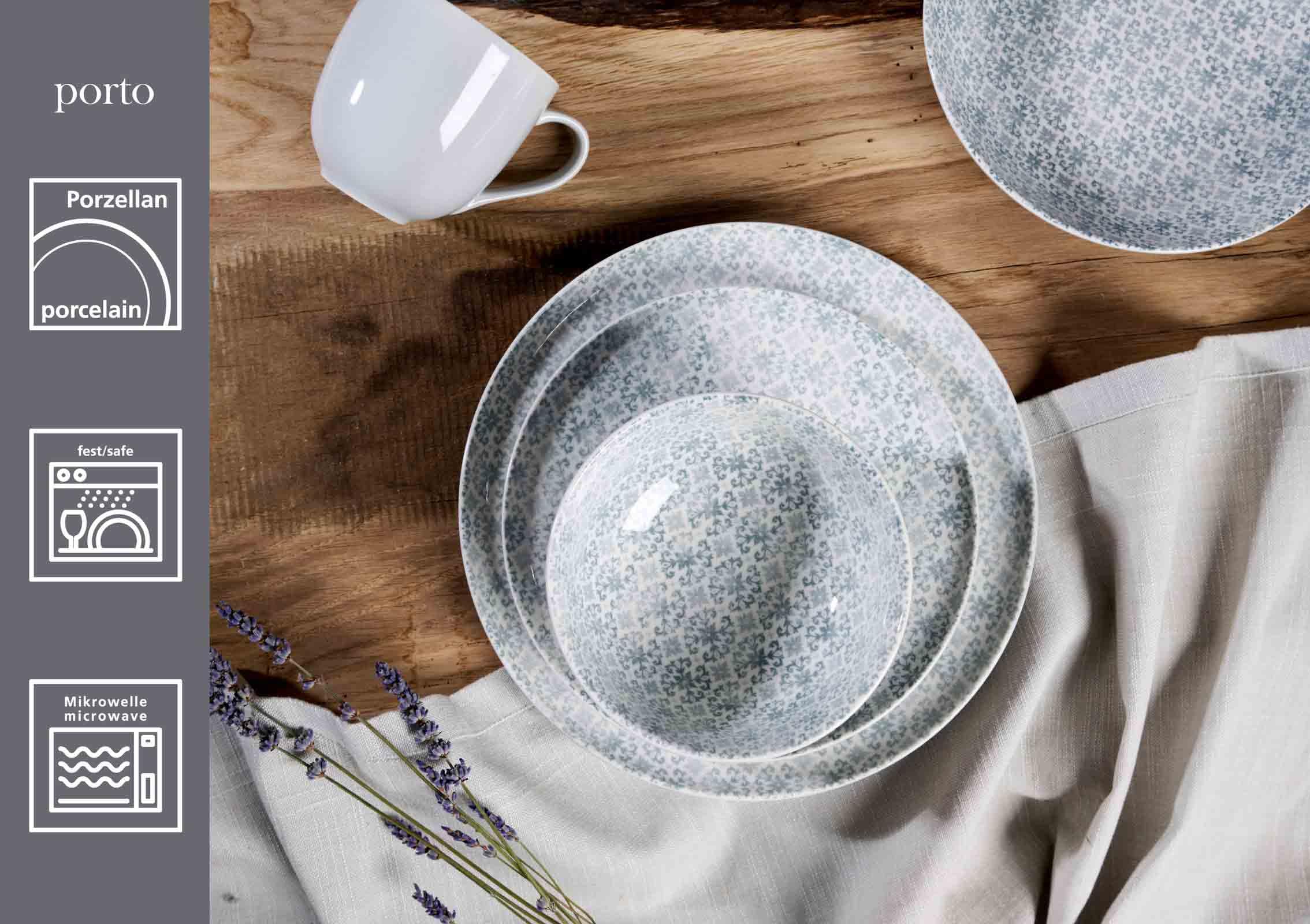 Ritzenhoff & Breker Porto Müslischalen 6er Set | Ø 15 cm | Schalen für Salate und Desserts mit folkloristischem Muster | Porzellan | Spülmaschinen- & Mikrowellengeeignet | Graublau