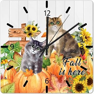 Sunflower Maple Leaf Wall Clock 10in Cat on Pumpkin PVC Clock Maple Leaf Art Quartz Analog Quiet Battery Operated Thanksgiving Gift Autumn Wall Decor for Farmhouse Bedroom Sunroom Dorm Travel Trailer