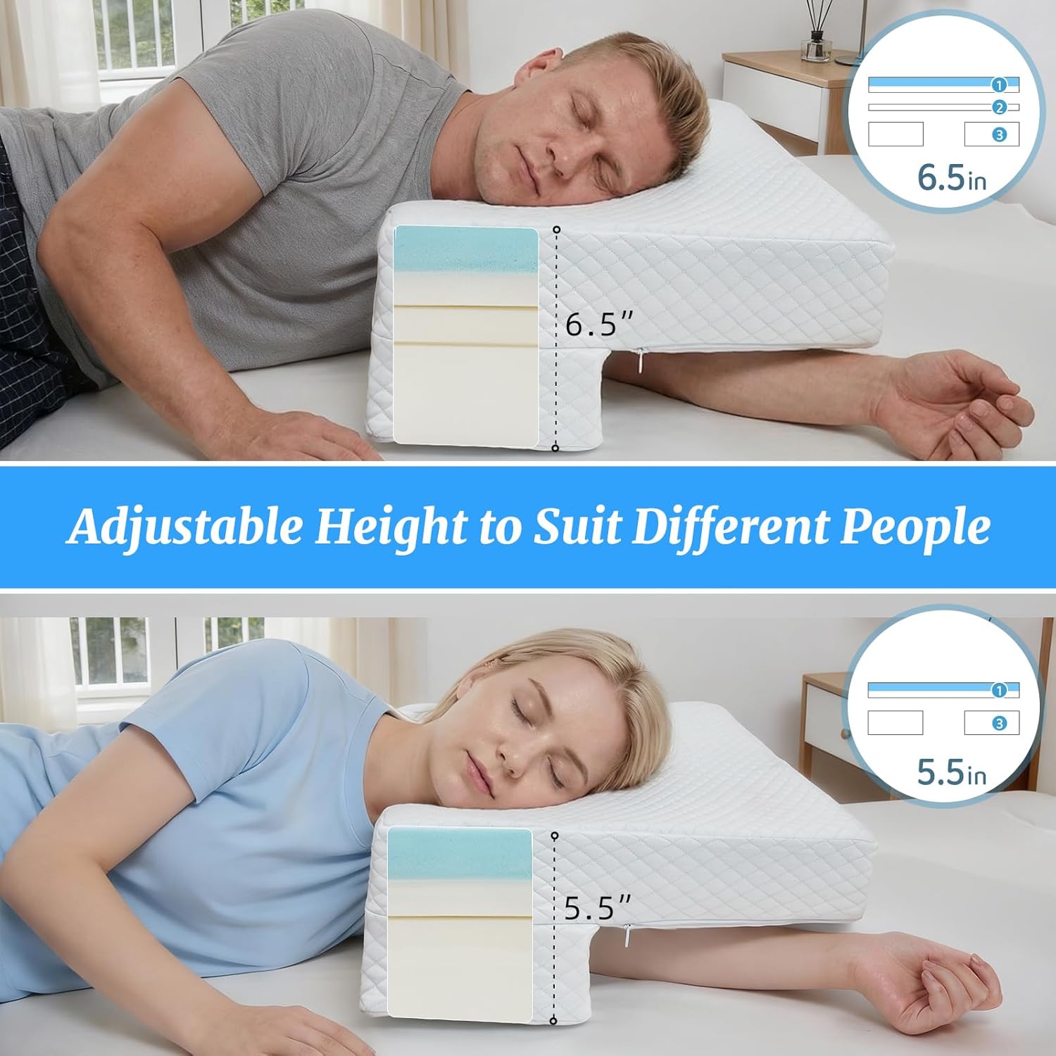 Side Sleeper Pillow with Arm Hole, Adjustable Height Shoulder Pillow for Side Sleepers, Superior Support Memory Foam Arm Pillow Relieve Rotator Cuff Pain and Arm Numbness, Cooling Pillowcase