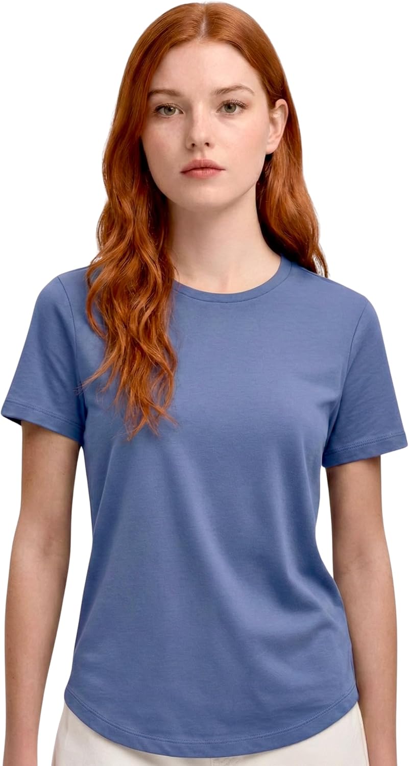 MON CHOU Women’s 100% Organic Peruvian Pima Cotton Crew Neck T-Shirt Relaxed Fit Short Sleeve Curved Hem Everyday Loungewear