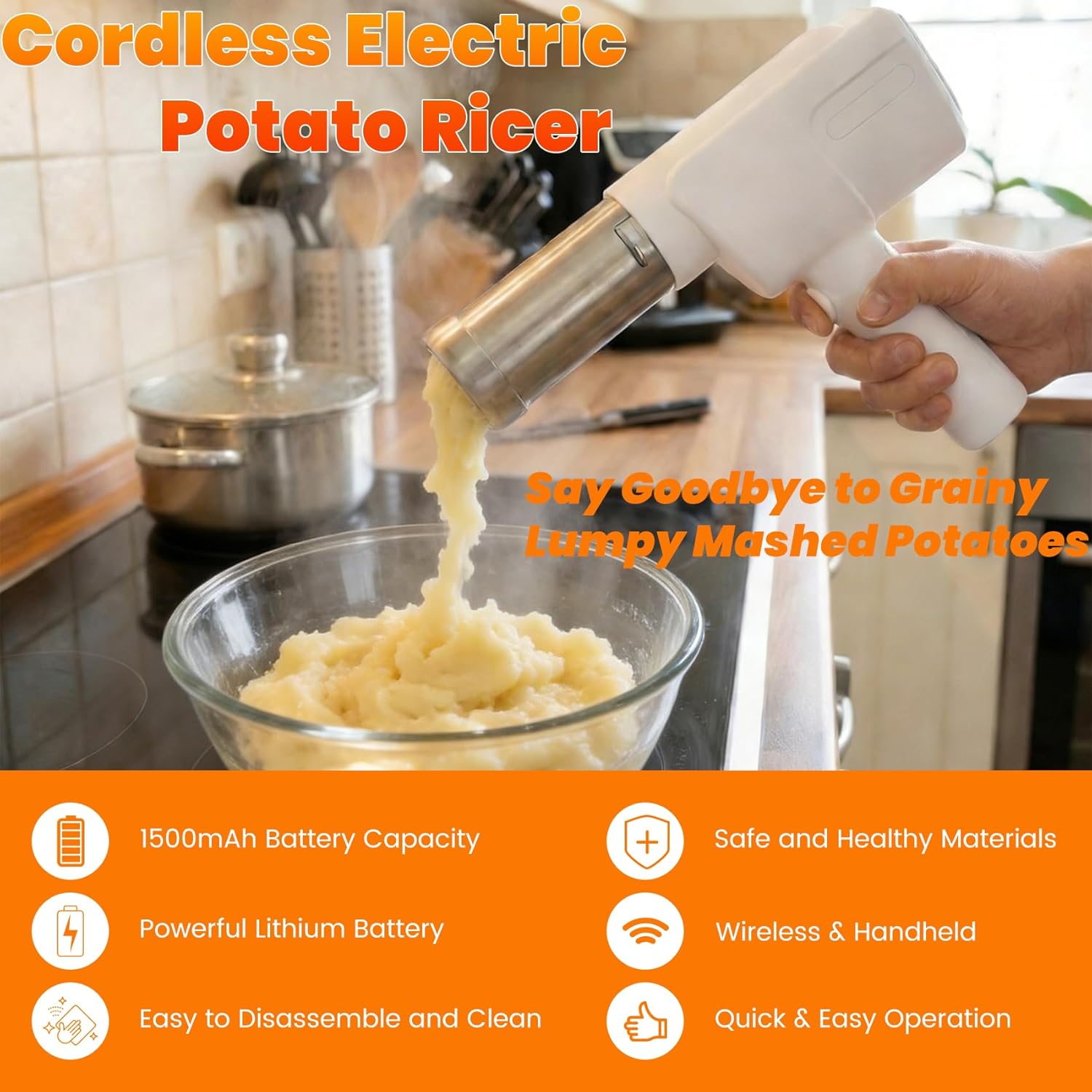 Electric Potato Ricer, Joint Pain Relief, 5s Effortless Prep 7 oz Smooth & Creamy Potato Mash, Food Grade Stainless Steel, Dishwasher Safe, Ideal for Seniors, Kids, Women & Effortless Cooking Lovers