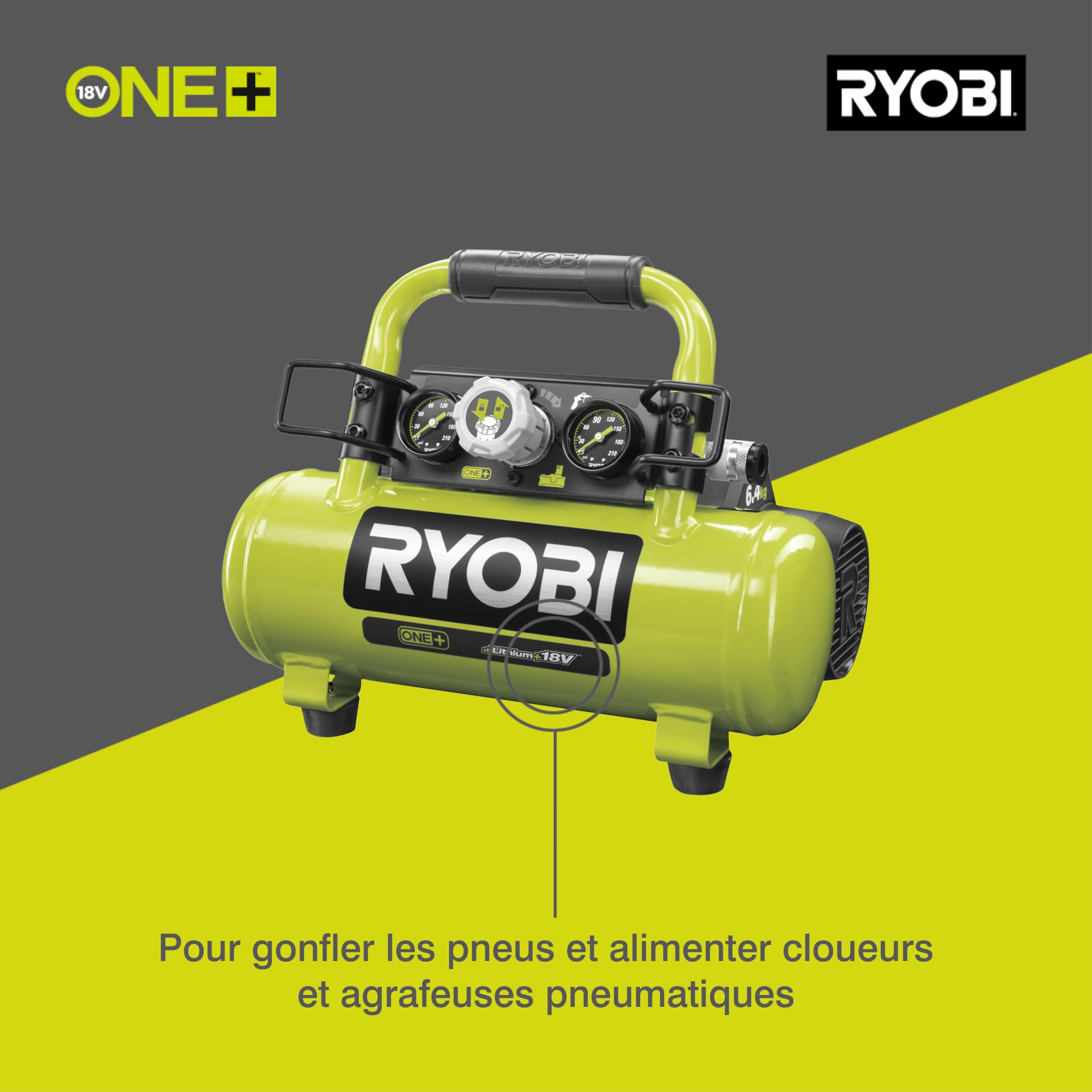 RYOBI - Compresseur d’Air Sans Fil 18V ONE+ R18AC-0 – Pression Max 8,3 Bars, Compact, Léger et Puissant, Idéal Gonflage Pneus, Outils Pneumatiques et Travaux de Bricolage – Batterie Non Incluse