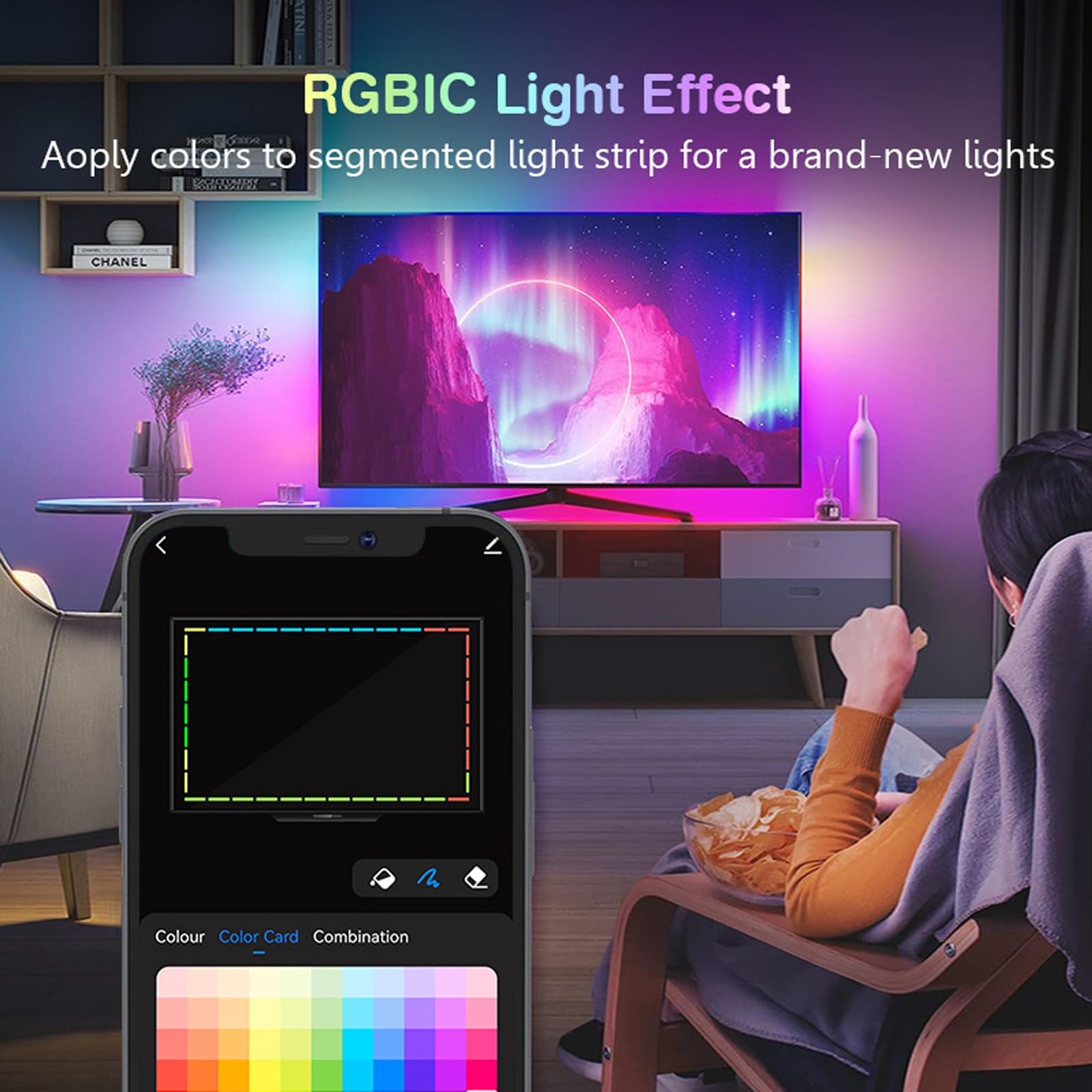 Luce LED Intelligente per TV, Retroilluminazione TV A Colori Fai da Te con Effetto RGBIC per Lo Schermo TV 4 Luci Sincronizzate con Il Ritmo Adatto per La Decorazione dello Sfondo TV