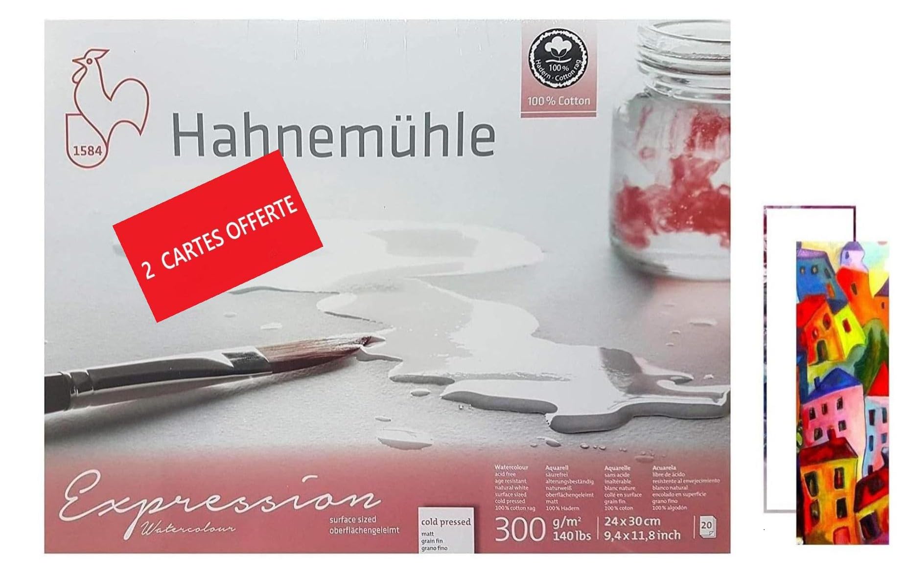 Hahnemühle - Cartone per acquerelli Expression, 100% cotone, opaco, 300 g/m2, 24 x 30 cm, 20 fogli, made in Germany