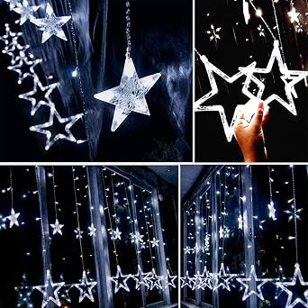 BLOOMWIN Christmas Window Lights 2m x 1m 12 Stars Curtain Fairy Light Xmas Decoration for Indoor Party Bedroom(Cool White) [Energy Class E]