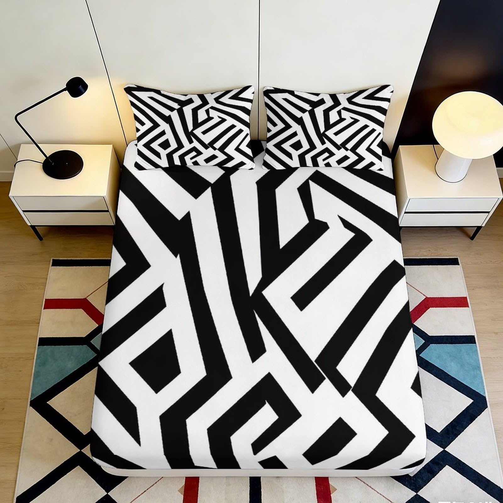 3D Printed Geometric Maze Fitted Sheet Microfiber Black White Abstract Pattern Mattress Cover for Bedroom Dorm Decor 90x200x25cm