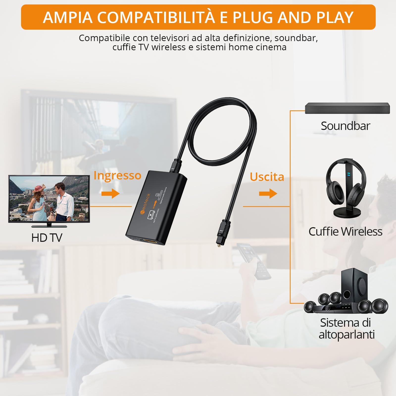 Neoteck Estrattore Audio HDMI eARC Convertitore ARC in Ottico 192 kHz eARC Audio Extractor Compatibile con PCM 2.0, Dolby 5.1, DTS 5.1 per HDTV a Soundbar, Cuffie Wireless, Home Theater