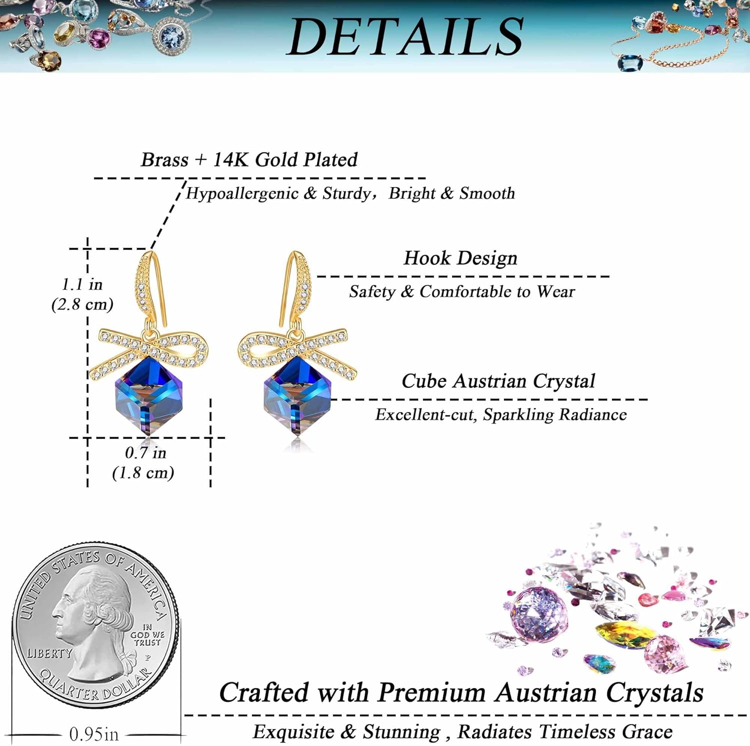 EVEVIC Austrian Crystal Bow Dangle Drop Earrings for Women Fashion Ribbon 14K Gold Plated Hypoallergenic Jewelry - Image 5