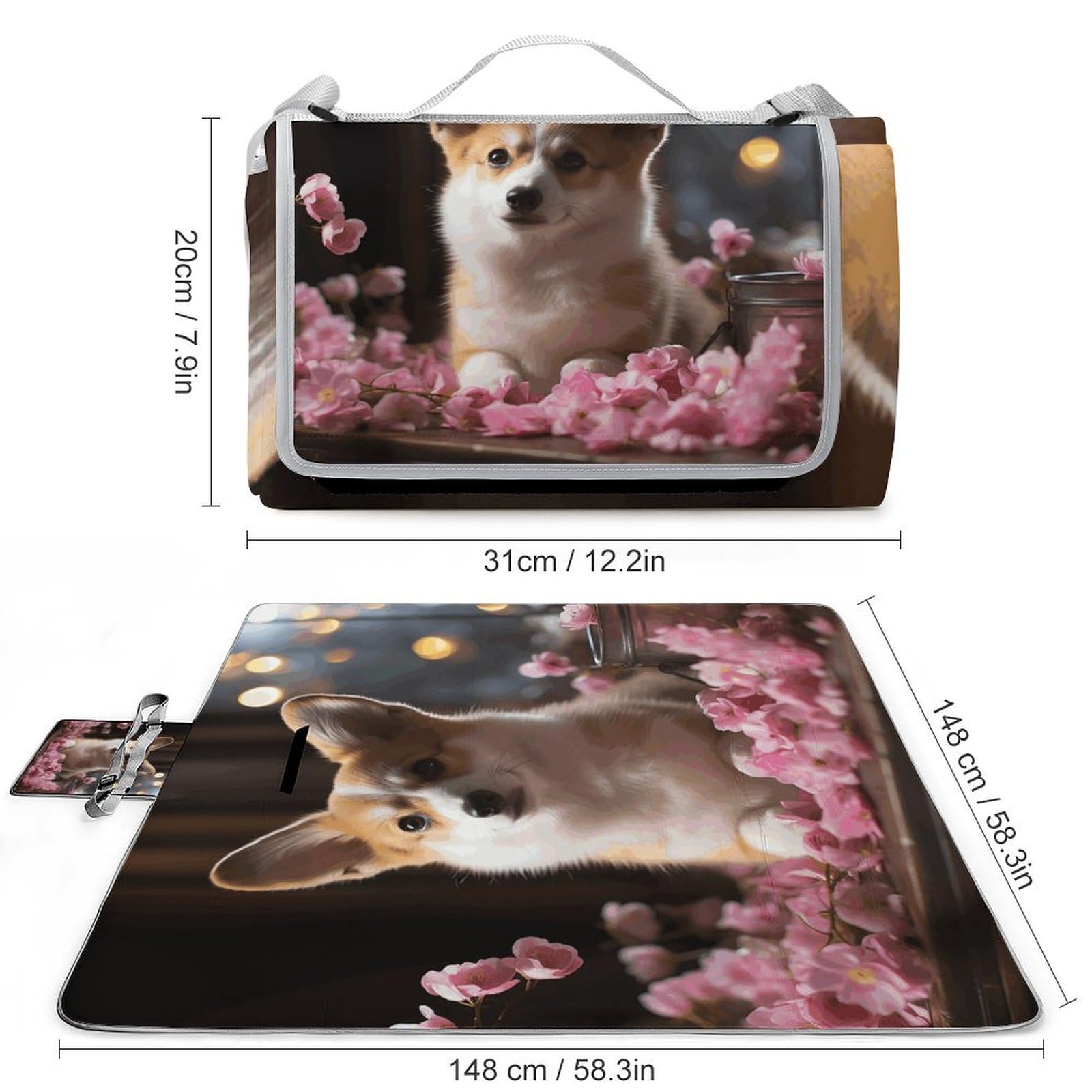 Corgi Couverture de pique-nique imperméable pliable légère et portable pour parc, voyage, camping, pique-nique, accessoires pour adultes (152,4 x 152,4 cm)