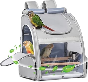 Bird Carrier,Travel Bird Cage,Bird Backpack for Small Birds Parakeet,Canary,Parrot, Finches,Cockatiel.Portable Outdoor Bird Bag with 2 Wooden Perch, Double-Clamp Cup, Detachable Poop Tray Gray