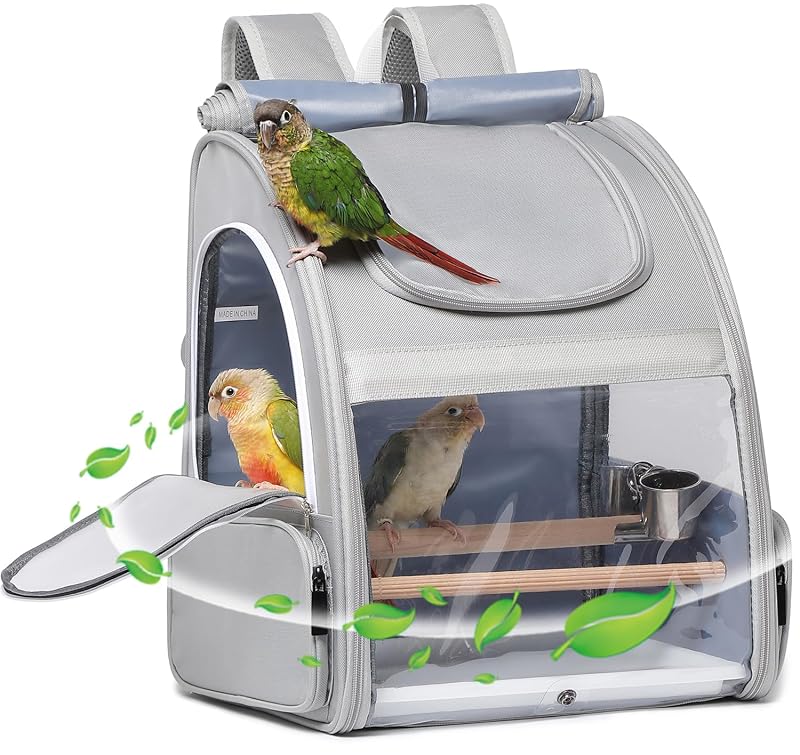 Caixa de Transporte para Aves petdiwoo com Mochila, Poleiros de Madeira e Bandeja Removível Cinza 33,02 x 27,94 x 38,1 cm