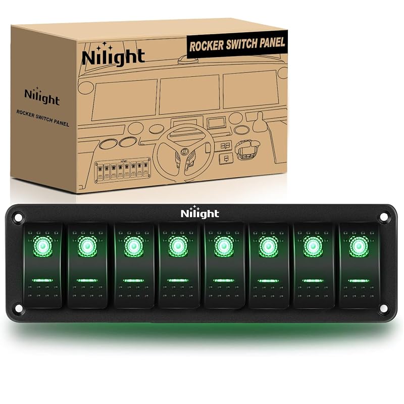 Painel com 8 interruptores tipo rocker Nilight 12 V/24 V com iluminação verde – Kit